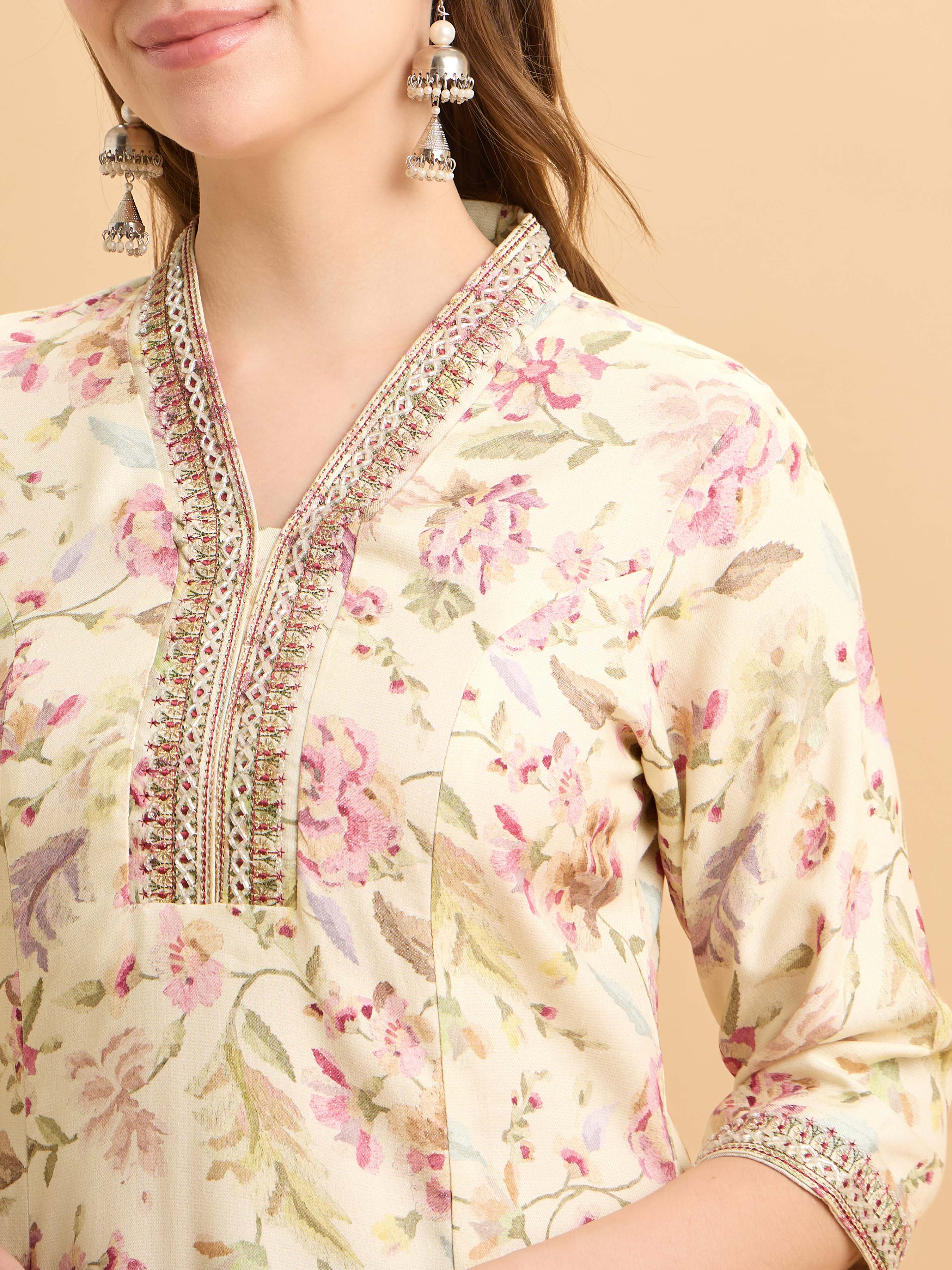 Ivory Multi Colour Viscose Shimmer Printed Kurti Set With Embroidery Hand Work