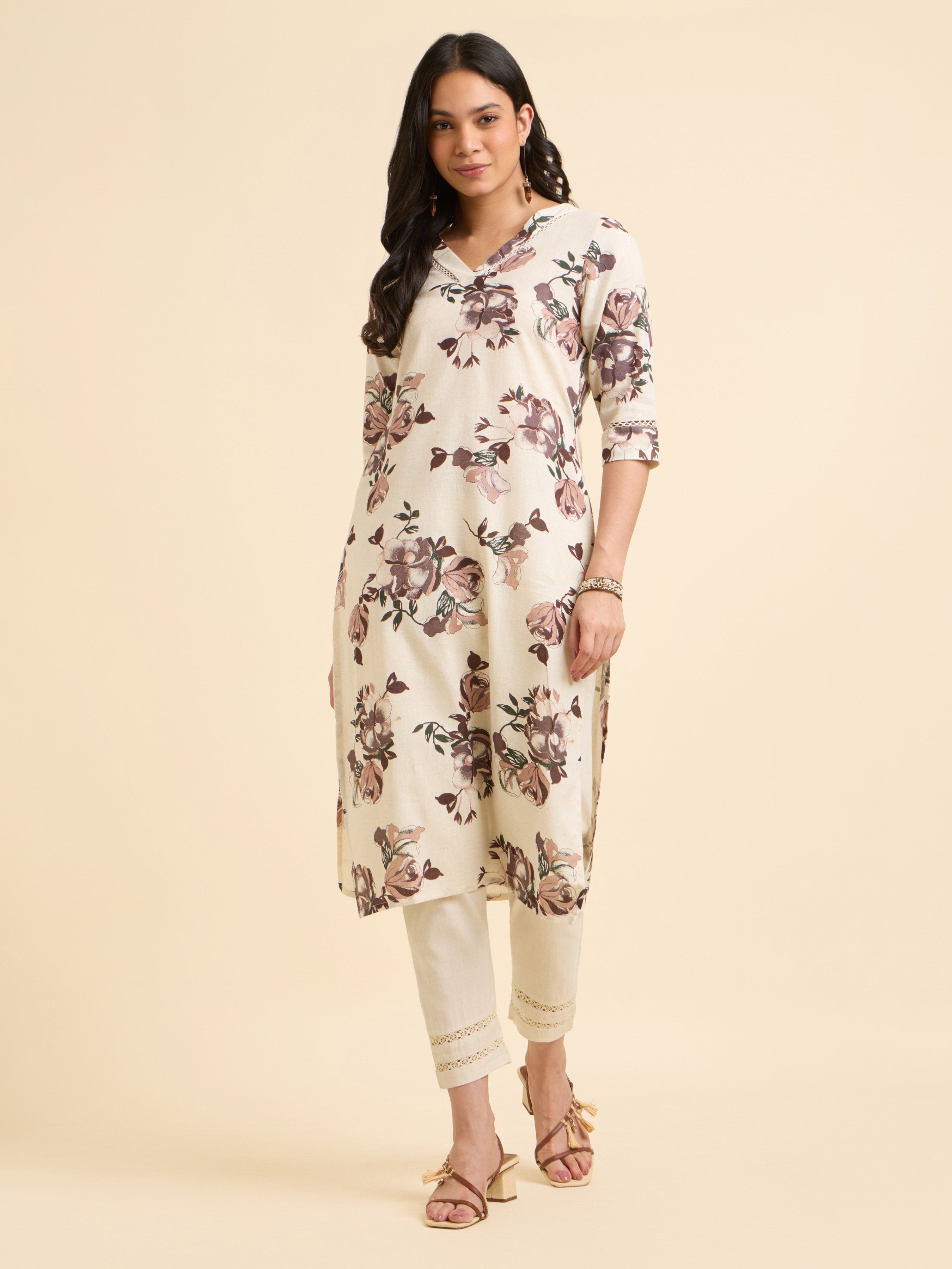 Ivory Multi Cotton Flax Printed Kurti With Lace Detailing