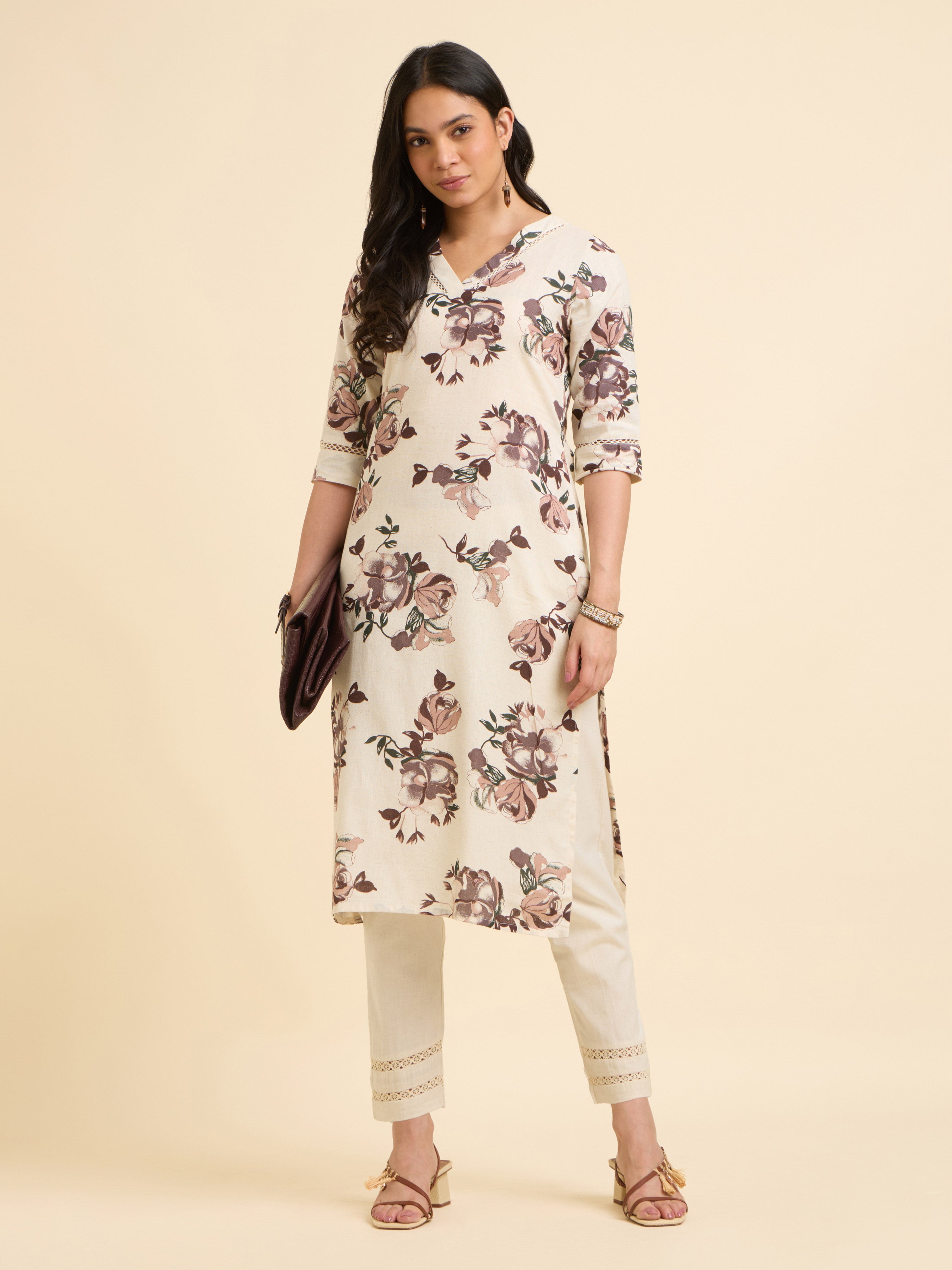 Ivory Multi Cotton Flax Printed Kurti With Lace Detailing