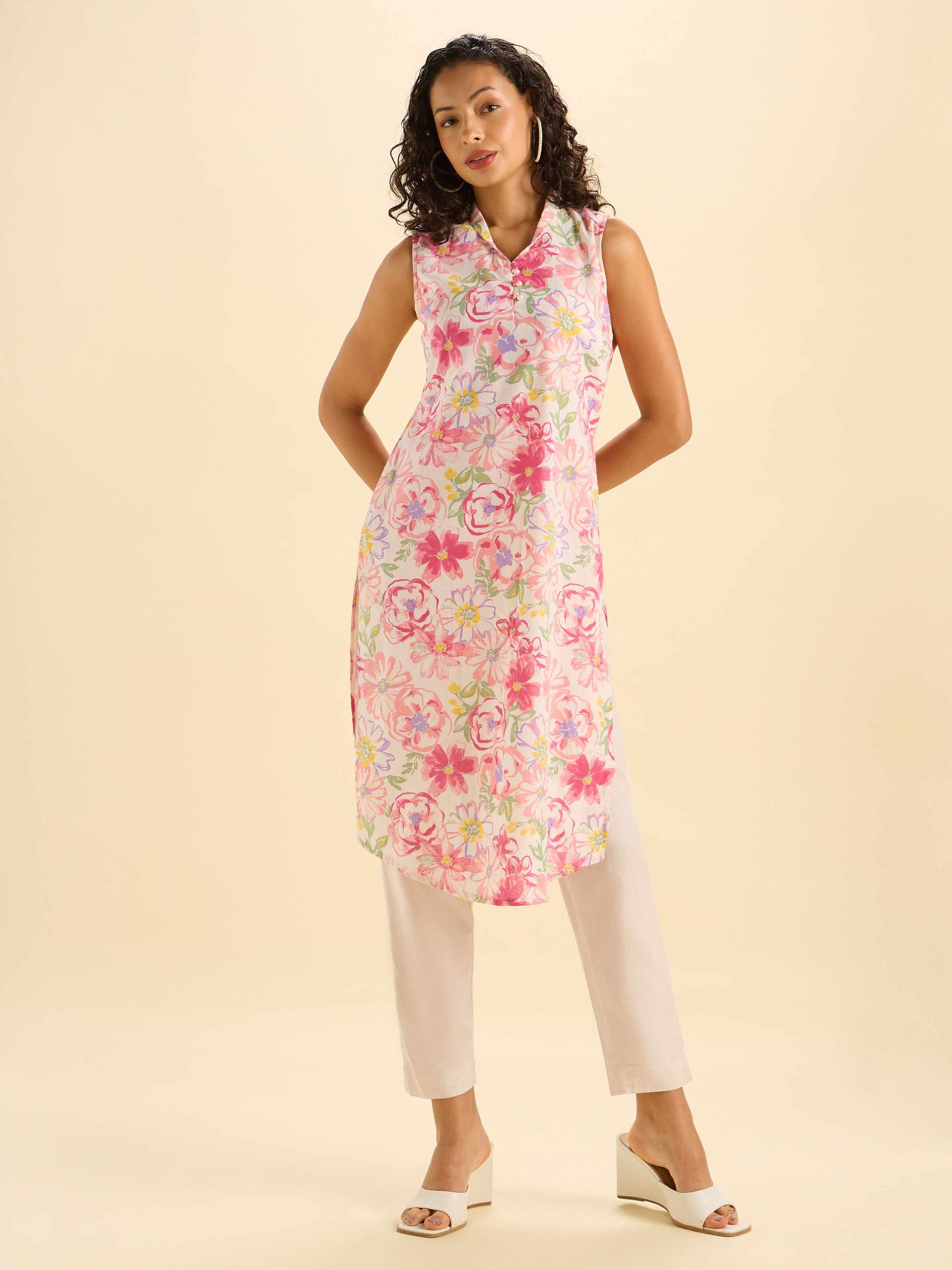 Ivory Multicolour Cotton Flax Printed Slited Kurti With Liberty Cut