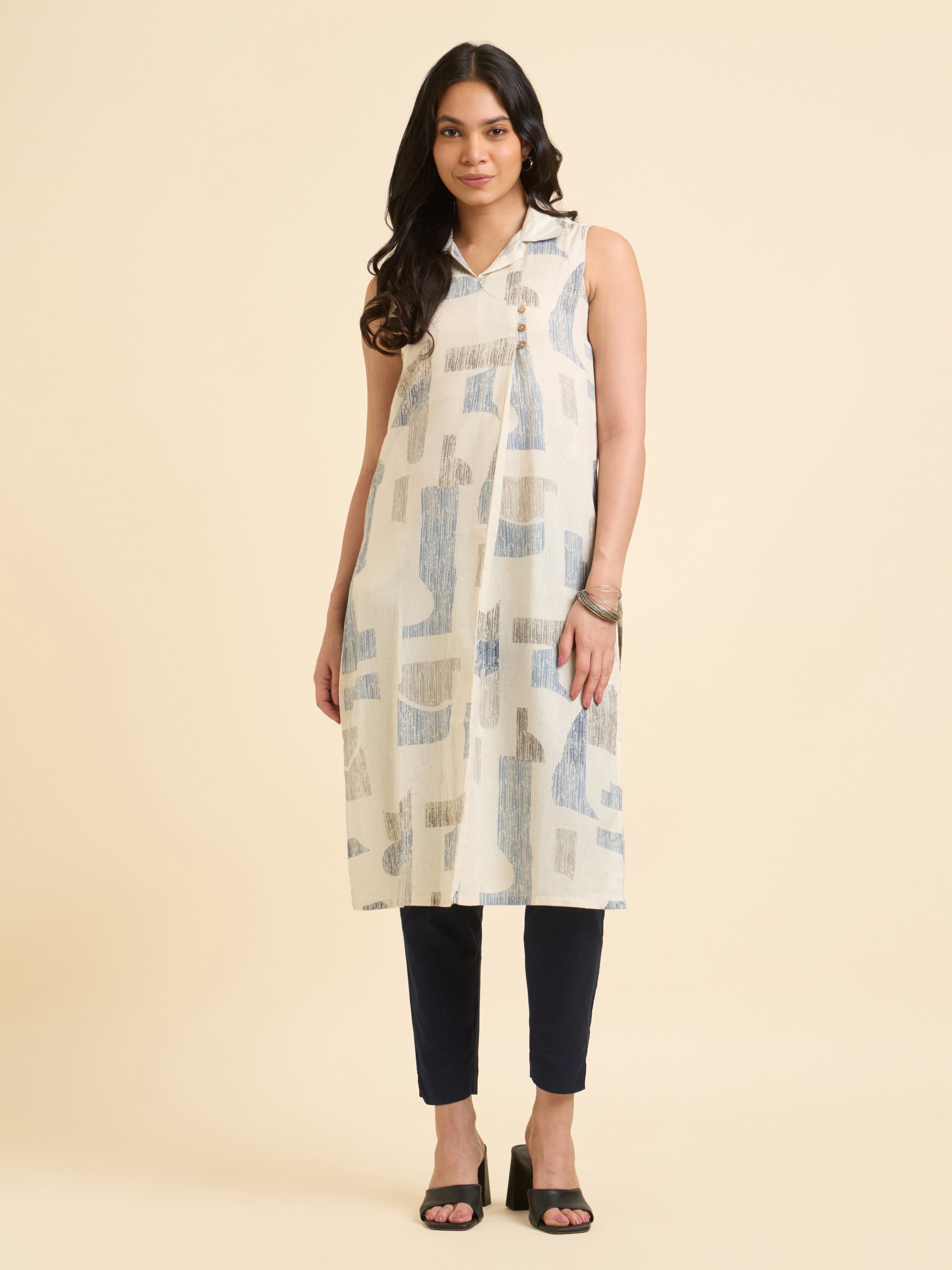 Ivory Multicolour Cotton Flax Printed Slitted Kurti
