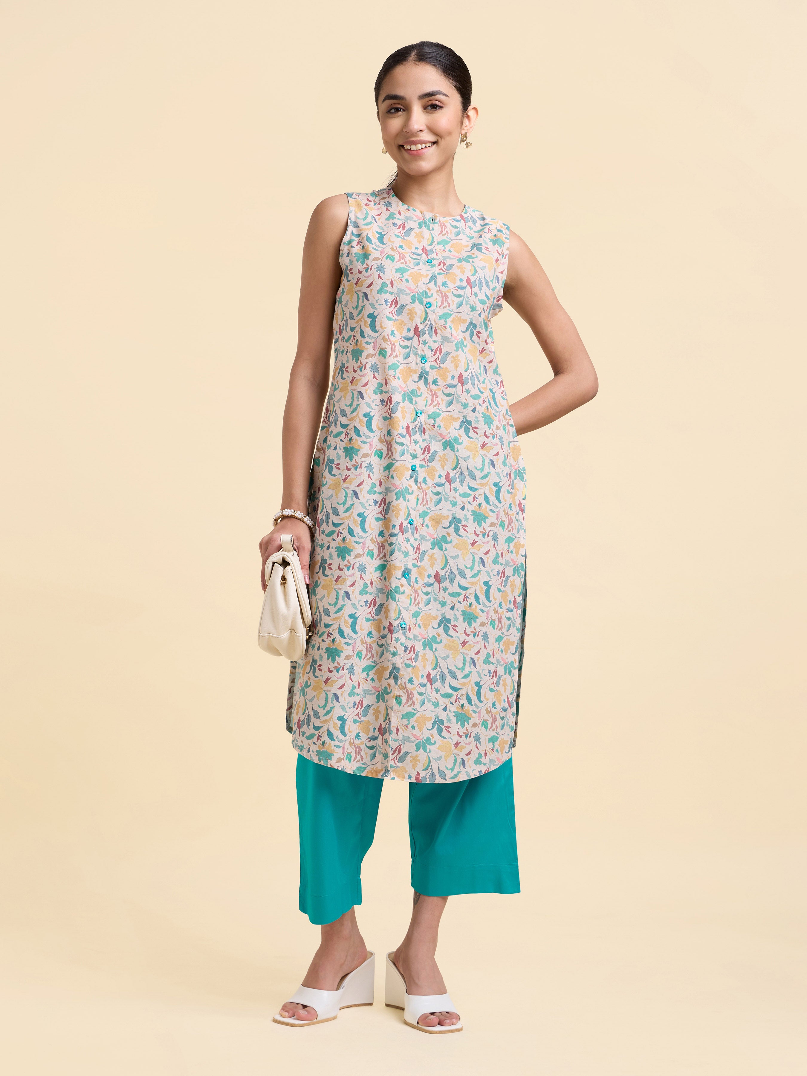Ivory Multicolour Cotton Flax Slub Printed Slitted Kurti Set