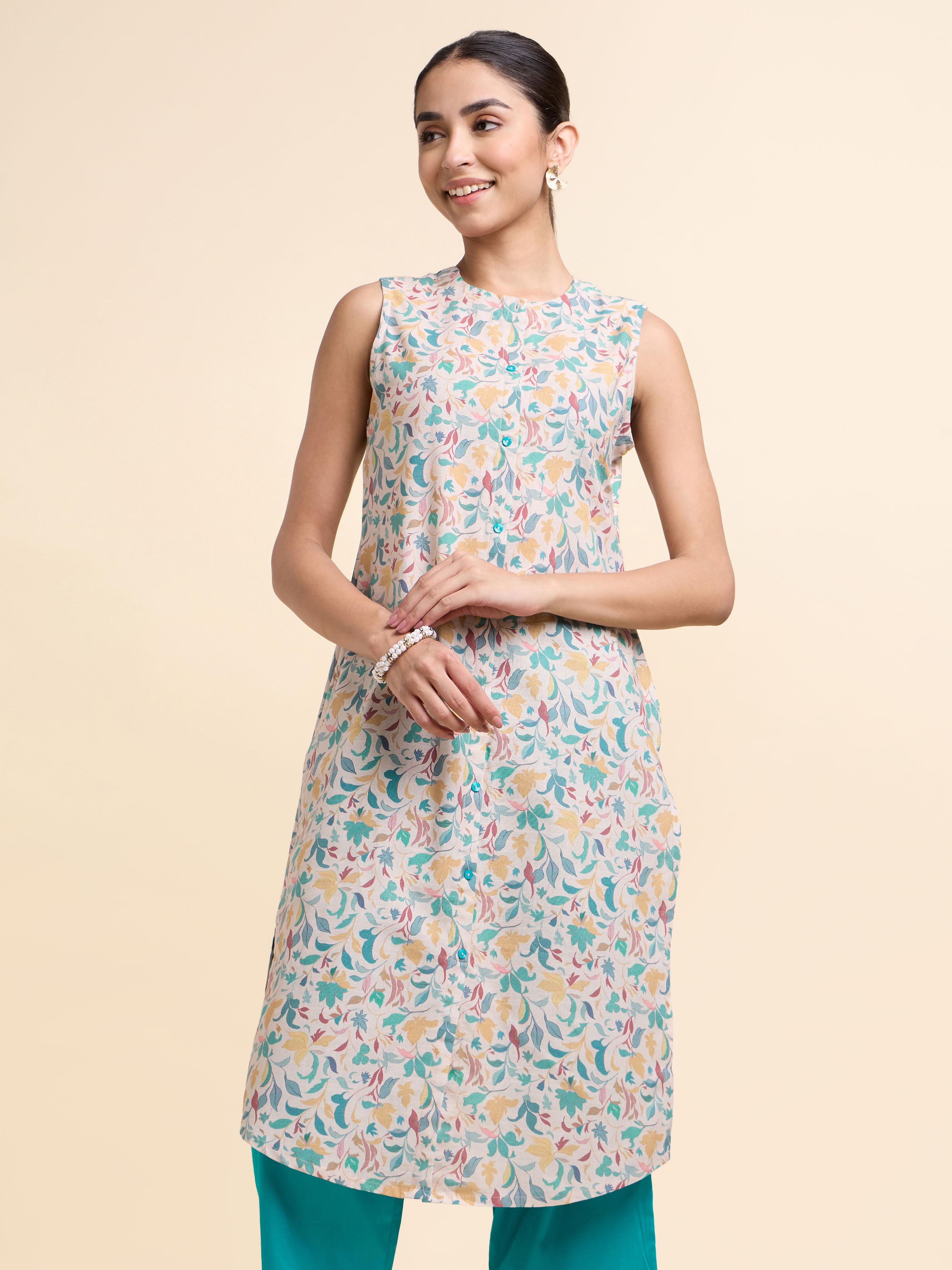 Ivory Multicolour Cotton Flax Slub Printed Slitted Kurti Set