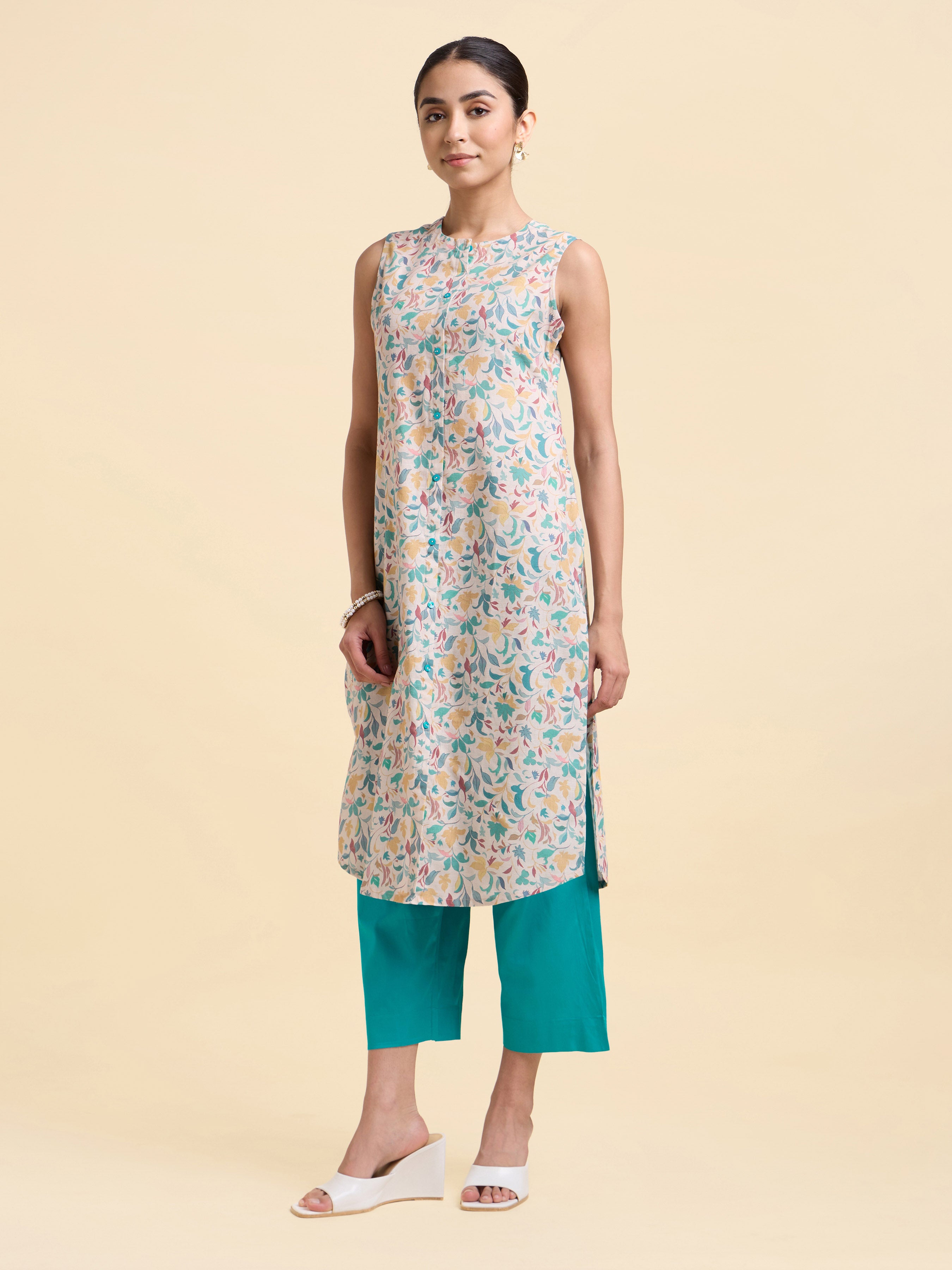 Ivory Multicolour Cotton Flax Slub Printed Slitted Kurti Set