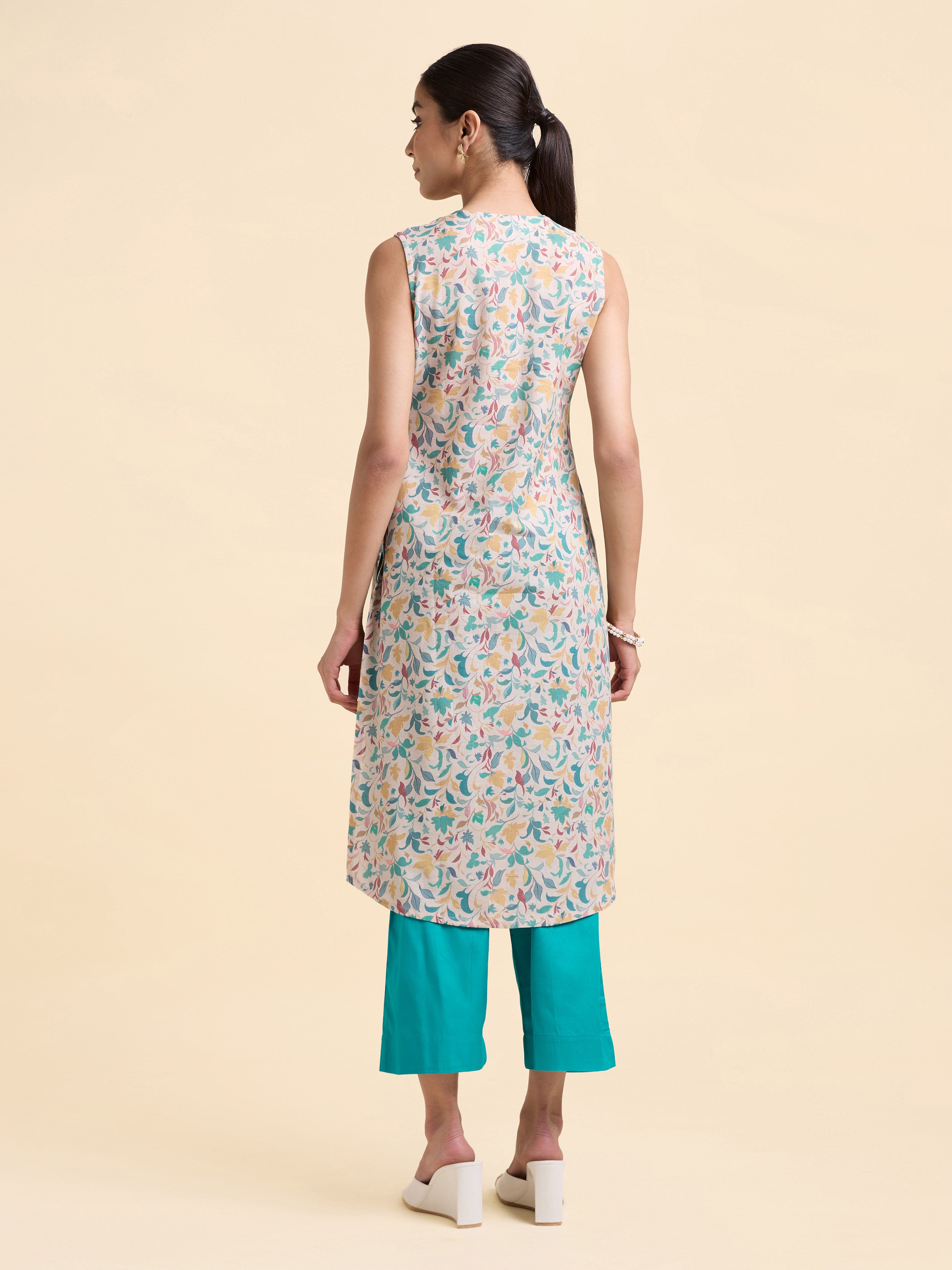 Ivory Multicolour Cotton Flax Slub Printed Slitted Kurti Set