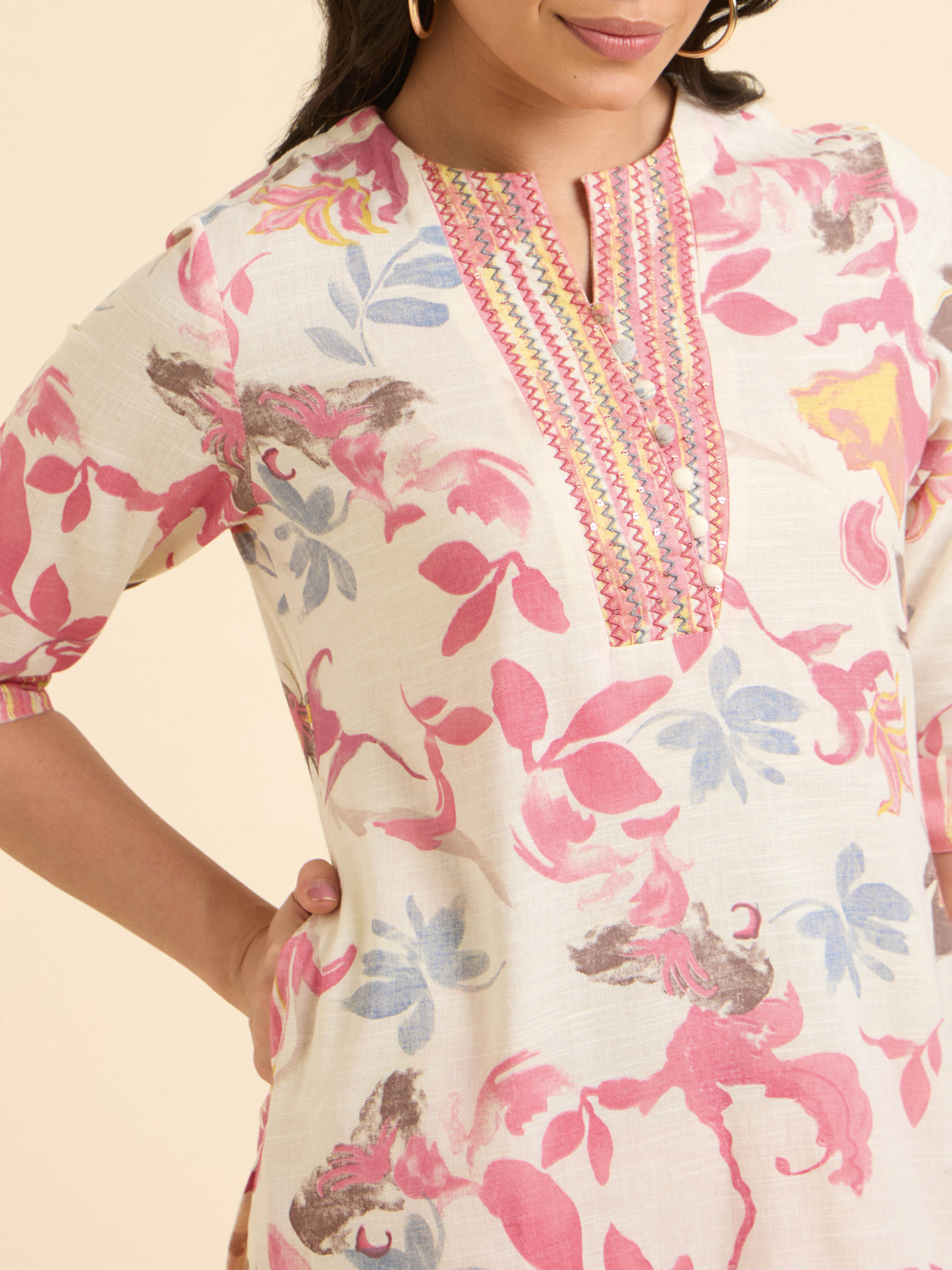 Ivory Multicolour Cotton Flax Slub Printed Slitted Kurti With Embroidery And Sequins Work