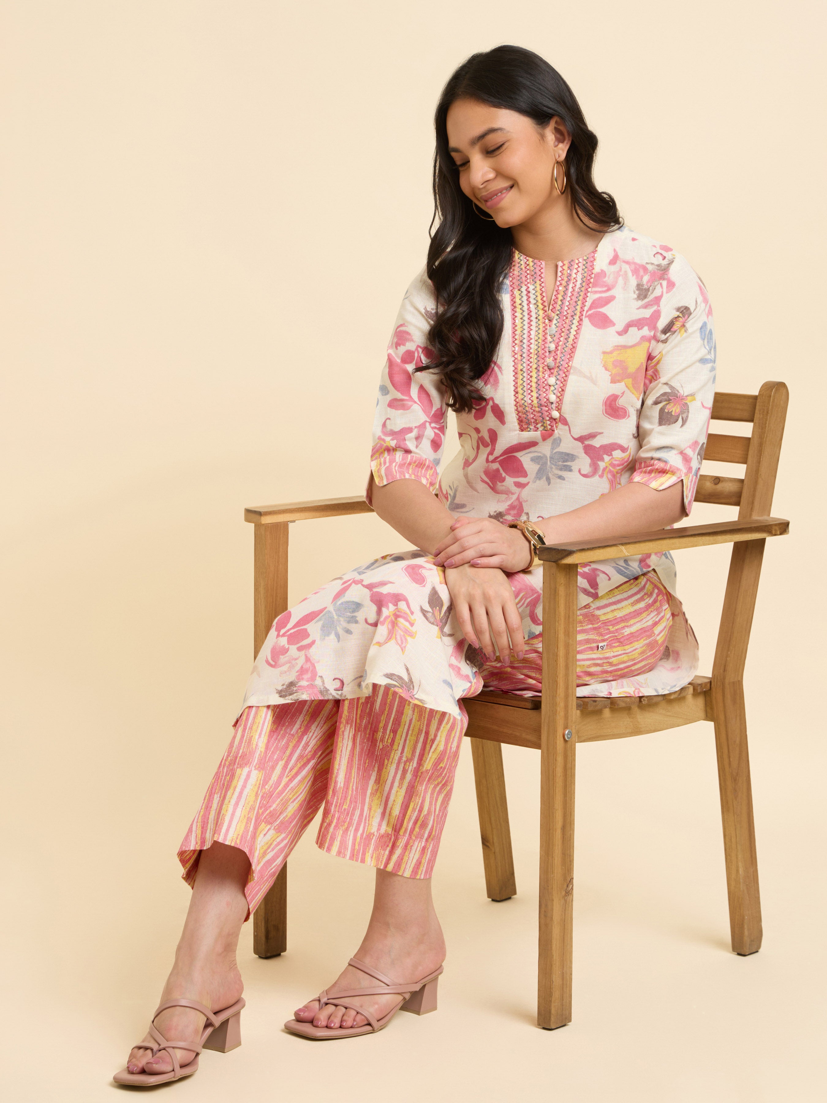 Ivory Multicolour Cotton Flax Slub Printed Slitted Kurti With Embroidery And Sequins Work