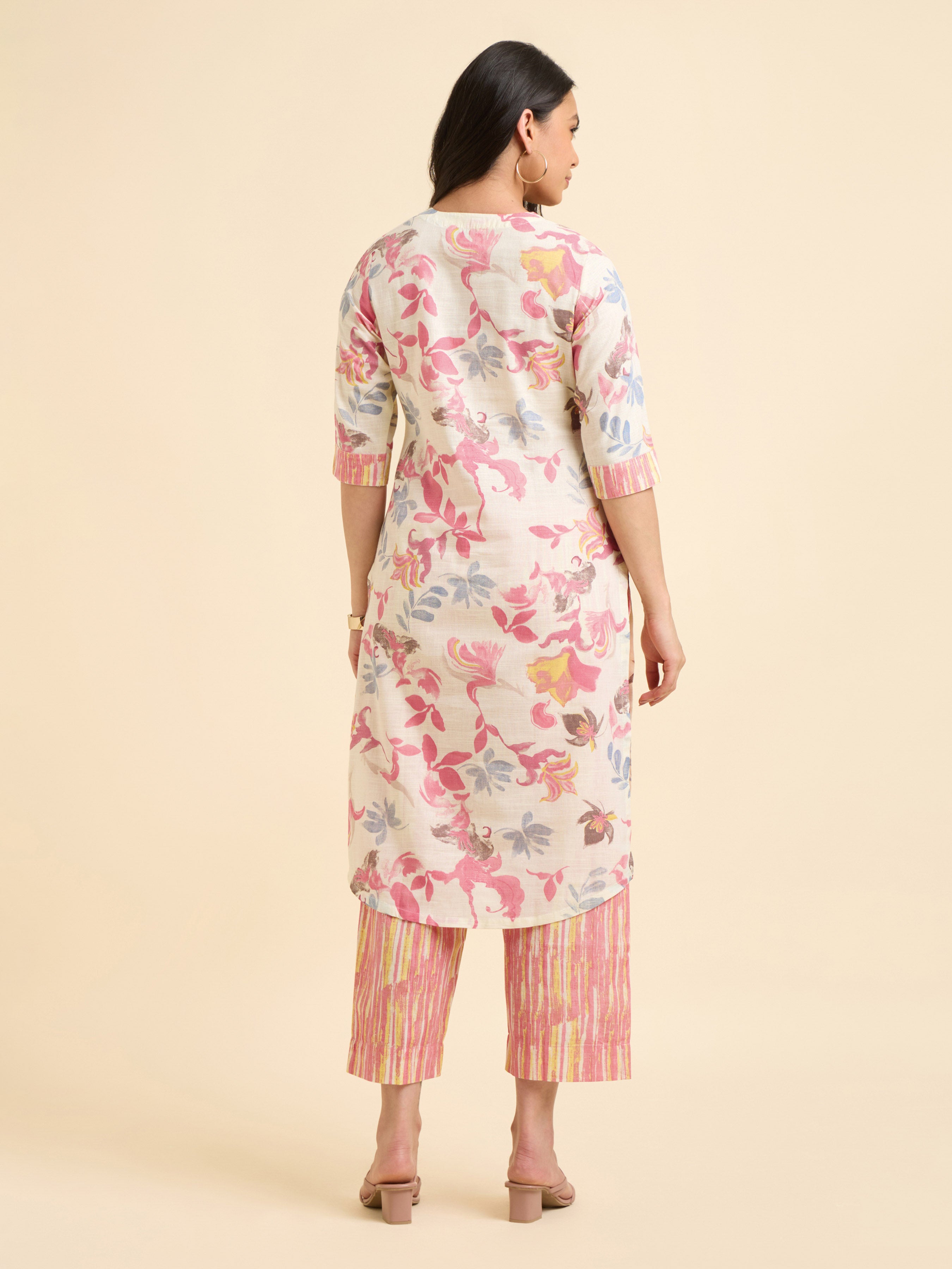 Ivory Multicolour Cotton Flax Slub Printed Slitted Kurti With Embroidery And Sequins Work