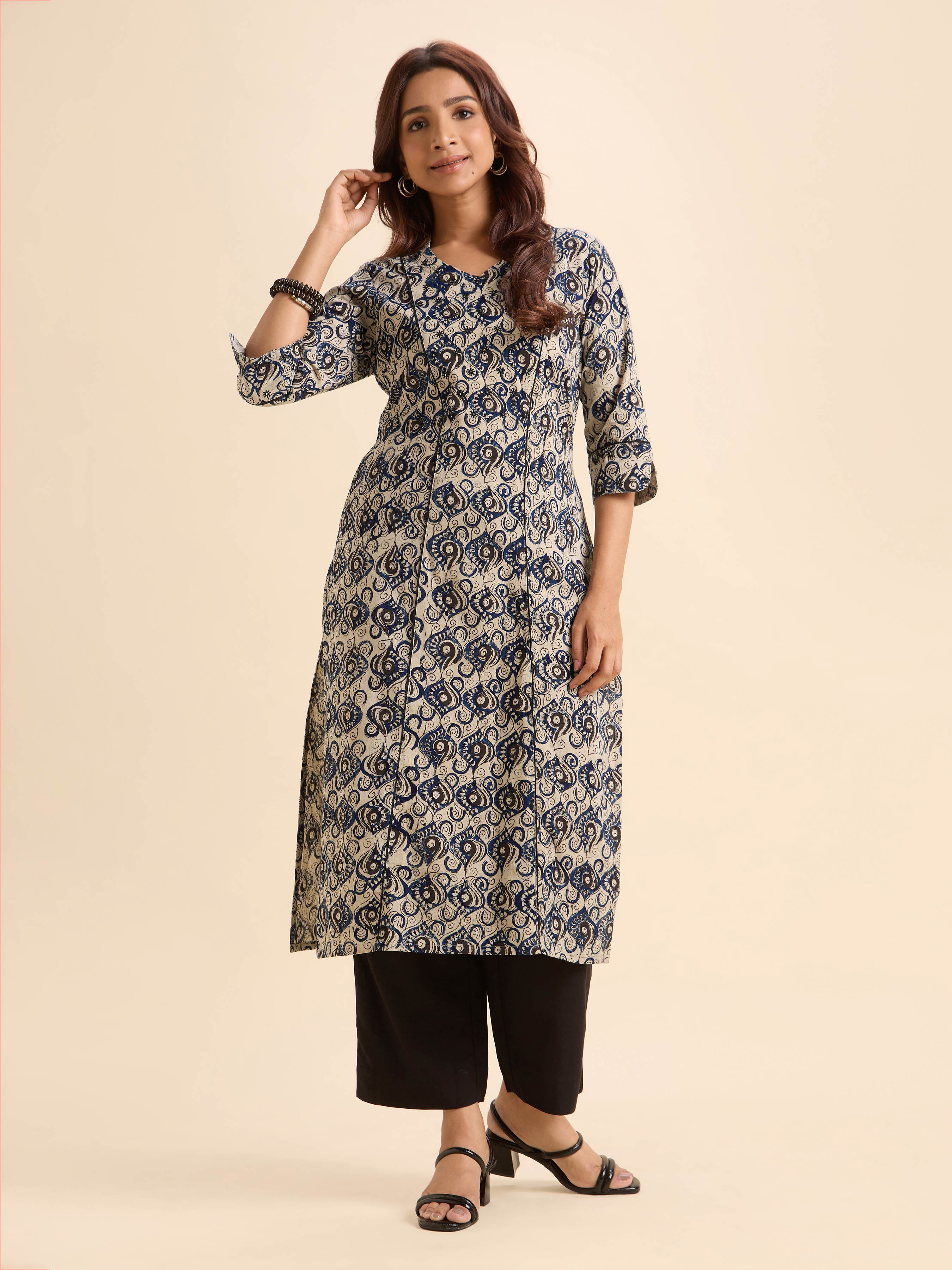 Ivory Multi Colour Pure Cotton Printed Slitted Kurti Embroidery And Mirror Work
