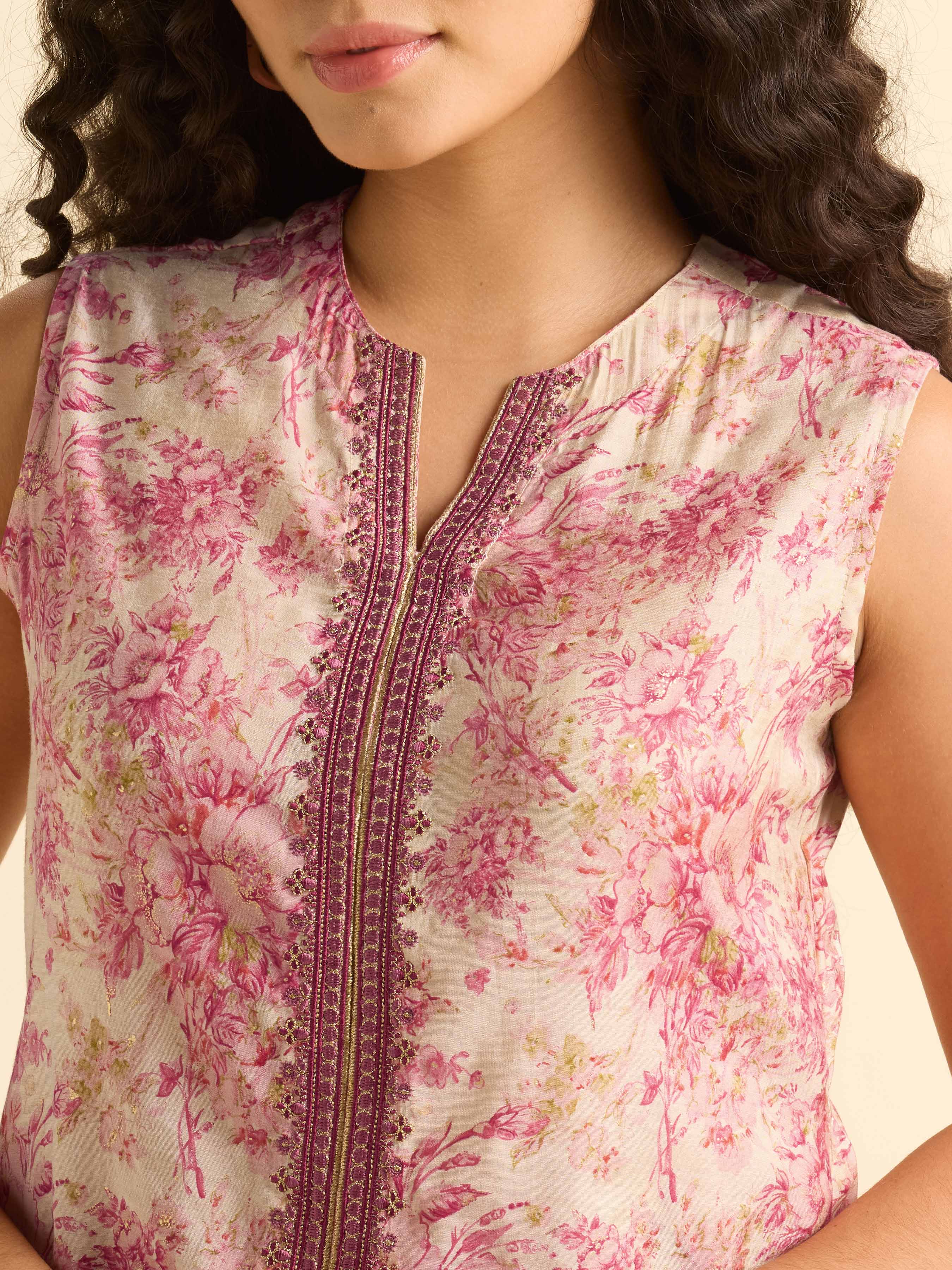 Ivory Multi Colour Modal Chanderi Printed Slitted Kurti With Embroidery