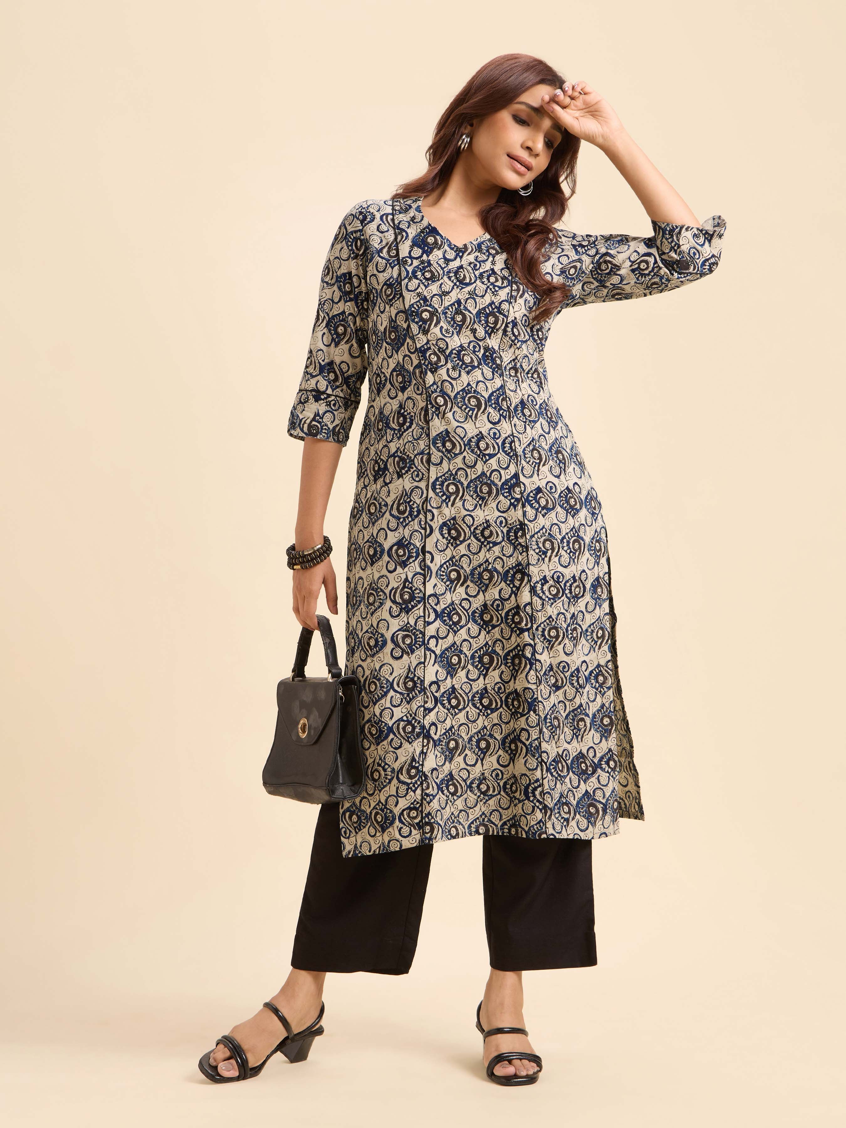 Ivory Multi Colour Pure Cotton Printed Slitted Kurti Embroidery And Mirror Work
