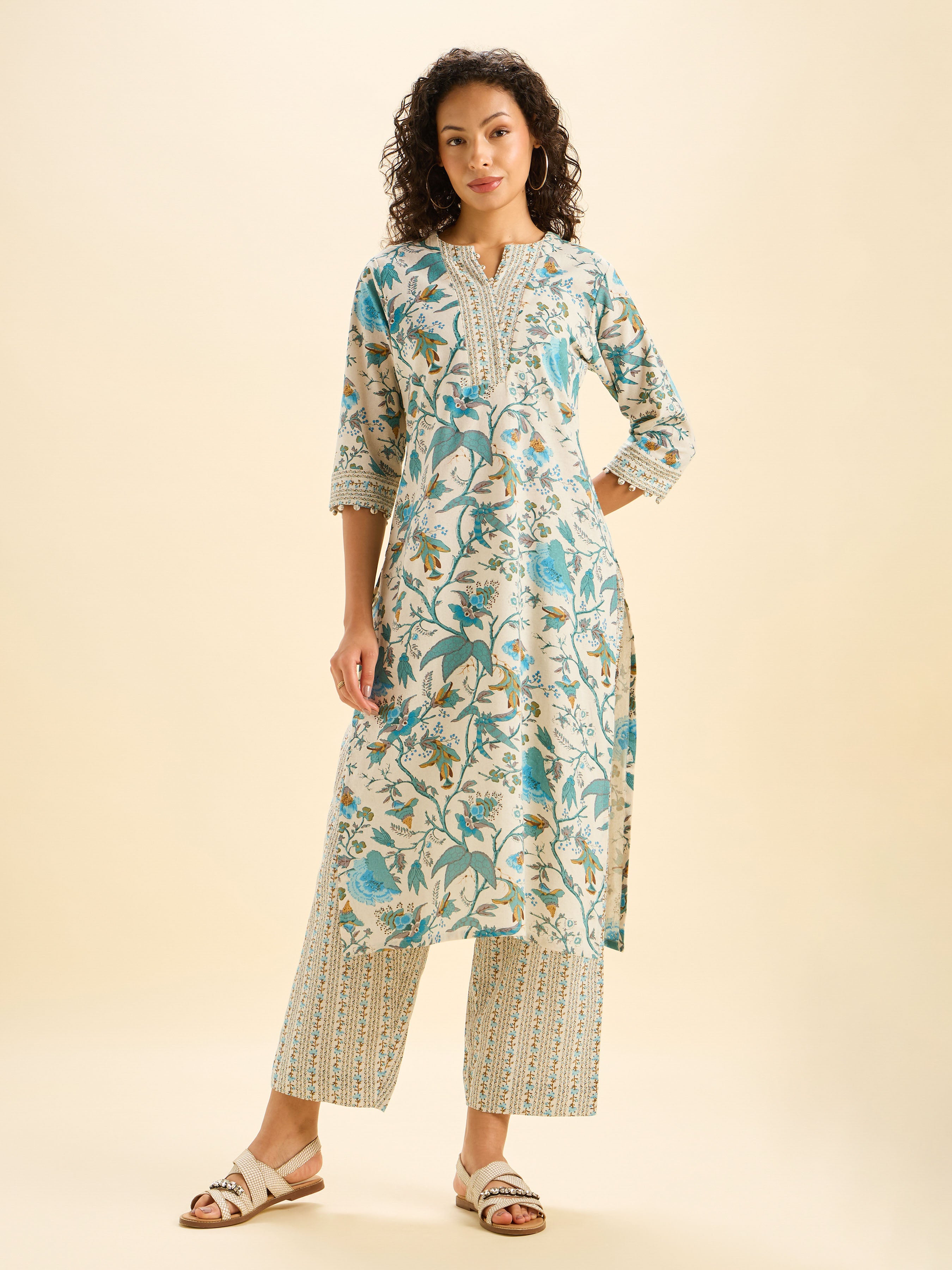 Ivory And Muti Colour Cotton Flax Printed Kurti Set