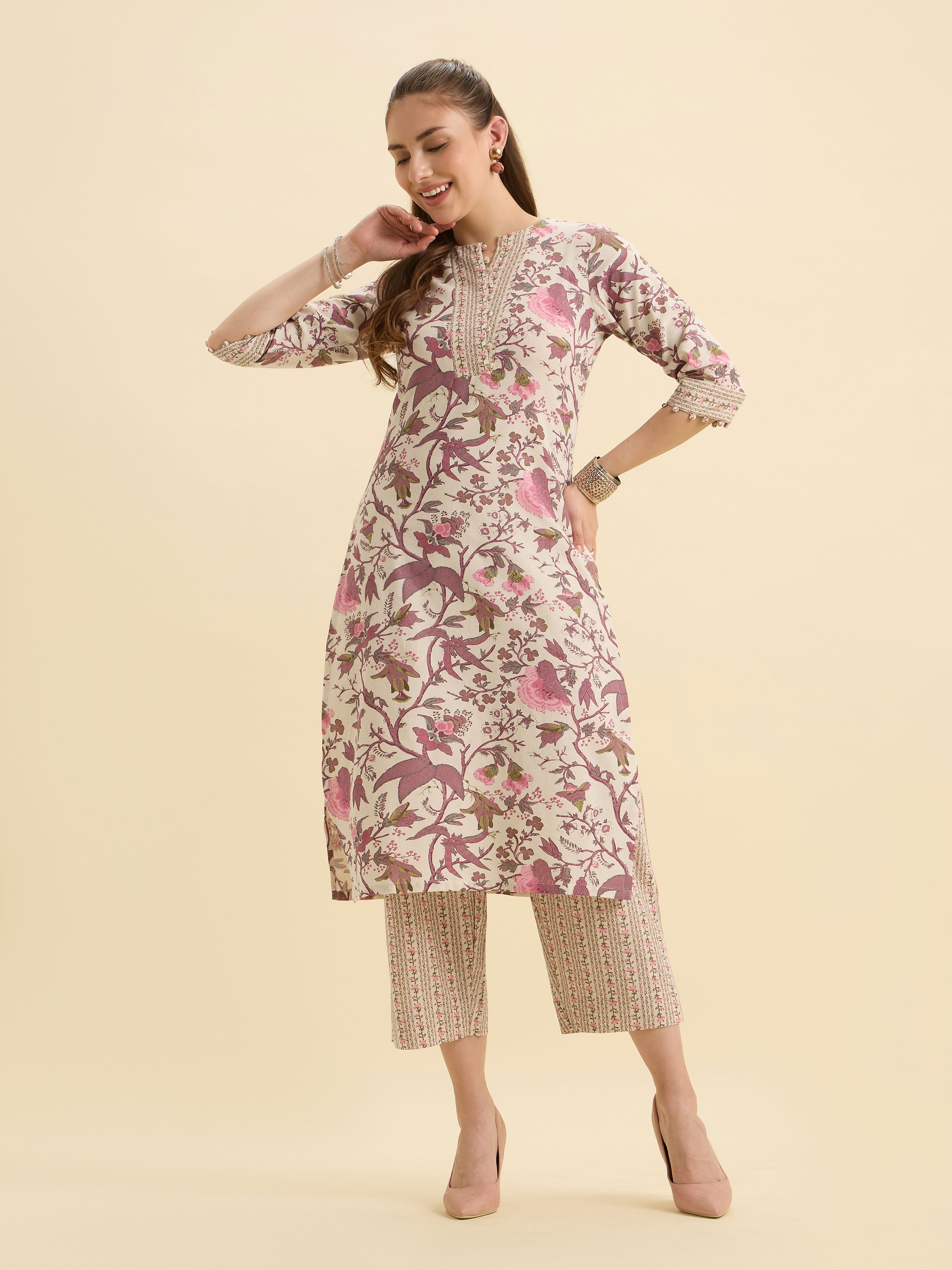 Ivory And Muti Colour Cotton Flax Printed Kurti Set