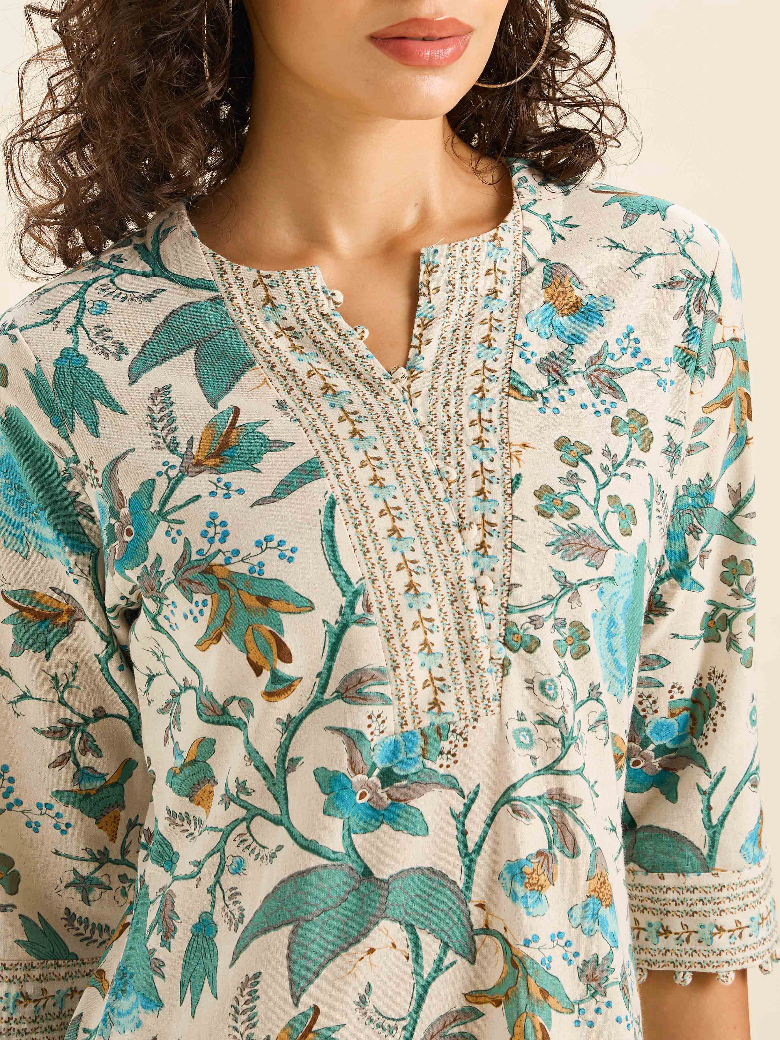 Ivory And Muti Colour Cotton Flax Printed Kurti Set