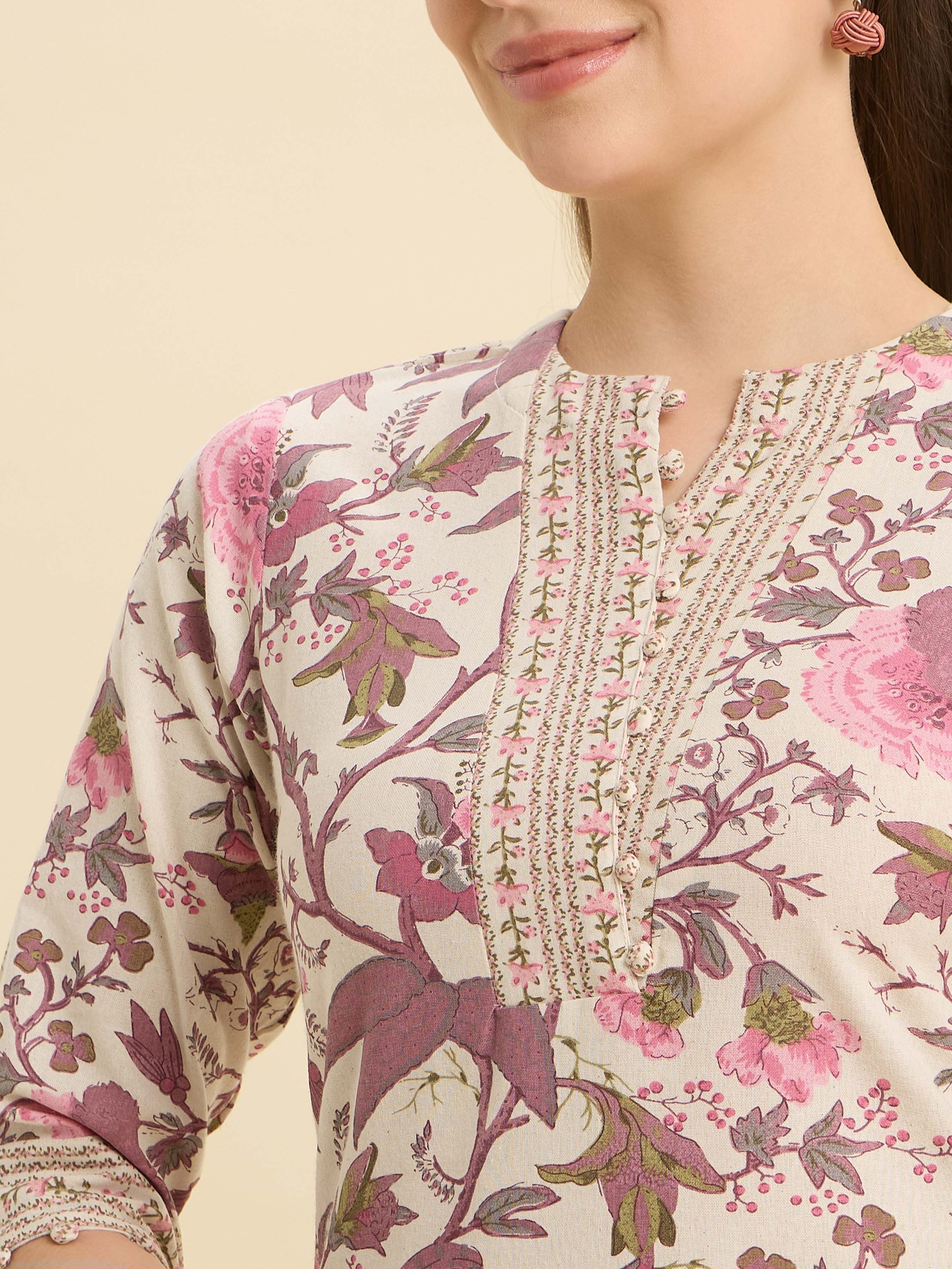 Ivory And Muti Colour Cotton Flax Printed Kurti Set