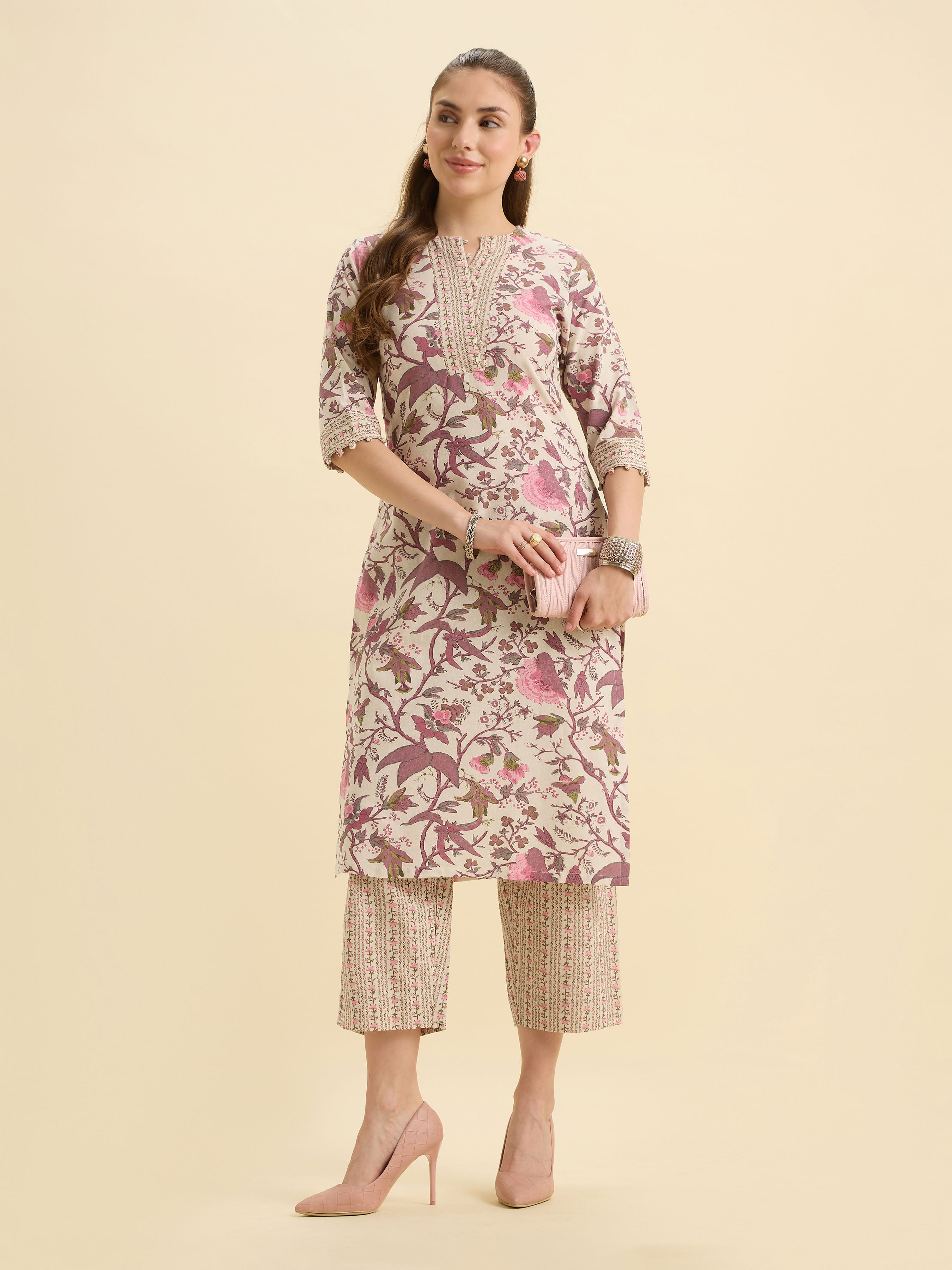 Ivory And Muti Colour Cotton Flax Printed Kurti Set