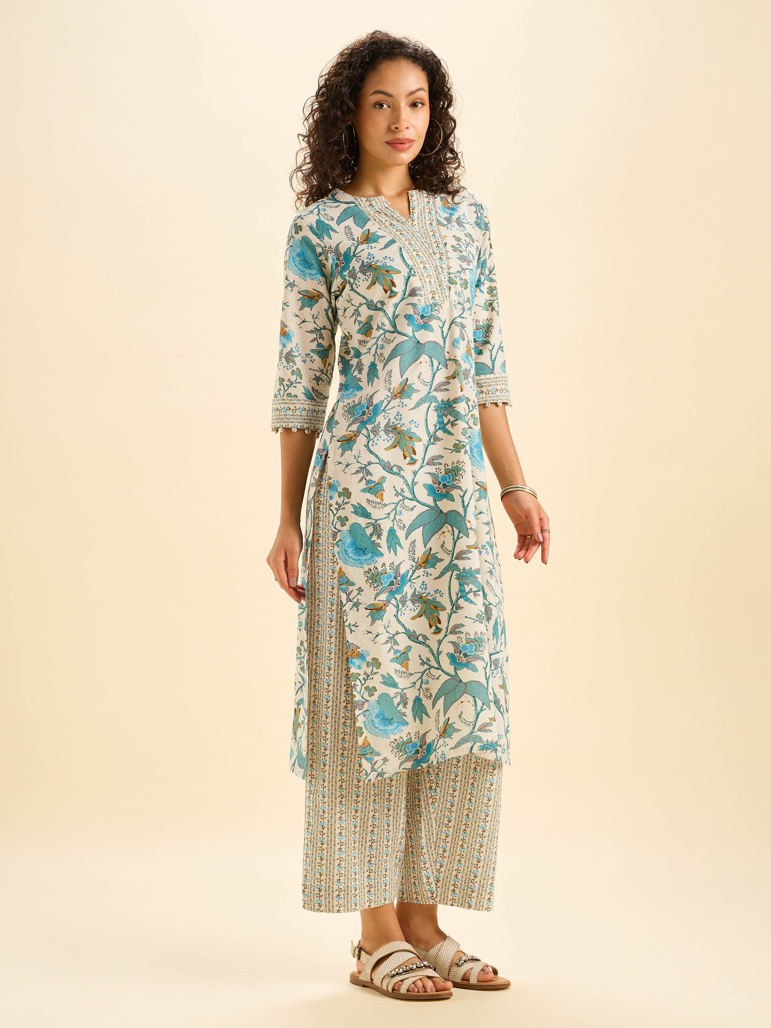 Ivory And Muti Colour Cotton Flax Printed Kurti Set