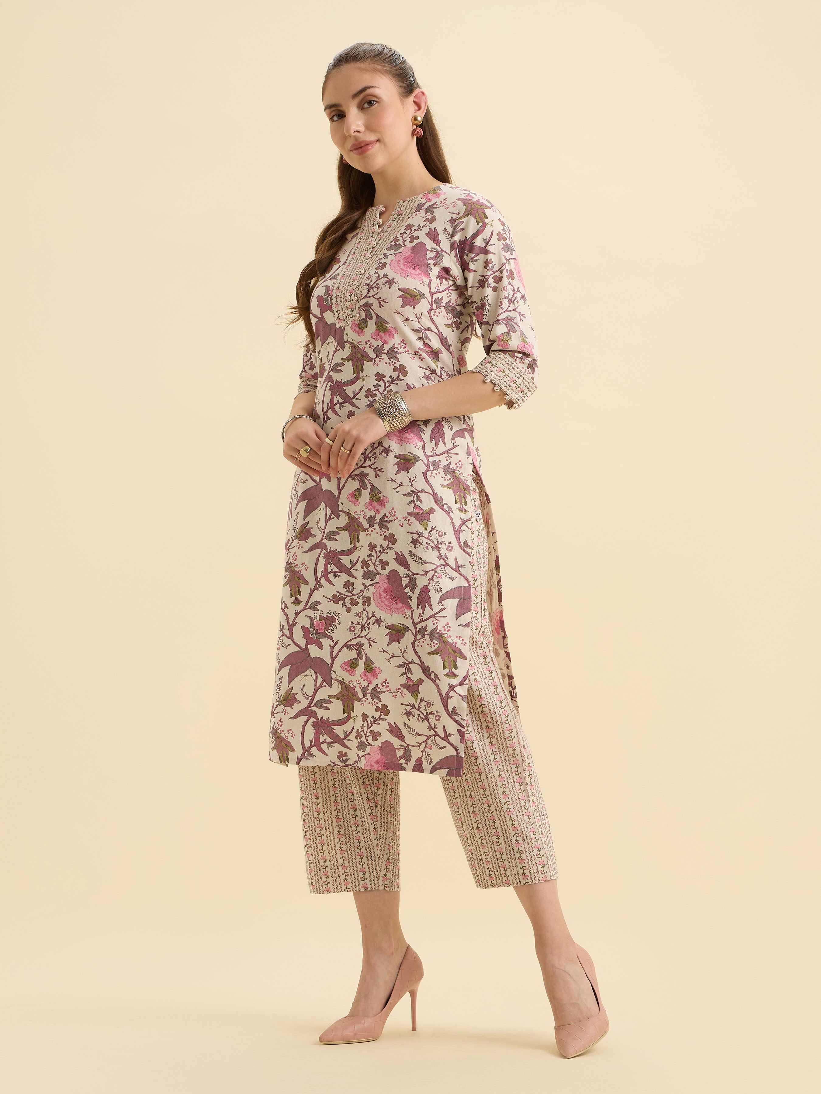 Ivory And Muti Colour Cotton Flax Printed Kurti Set