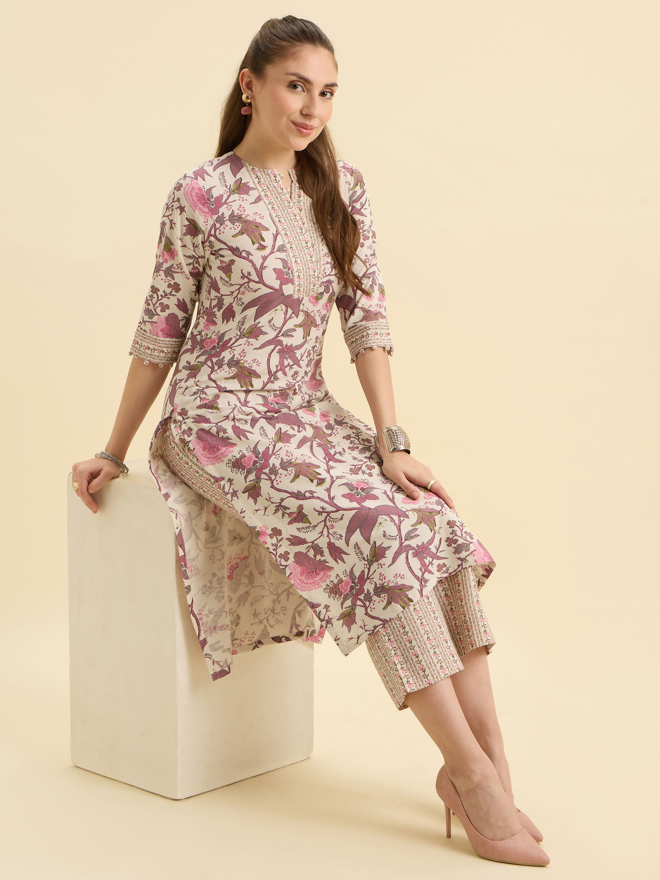 Ivory And Muti Colour Cotton Flax Printed Kurti Set