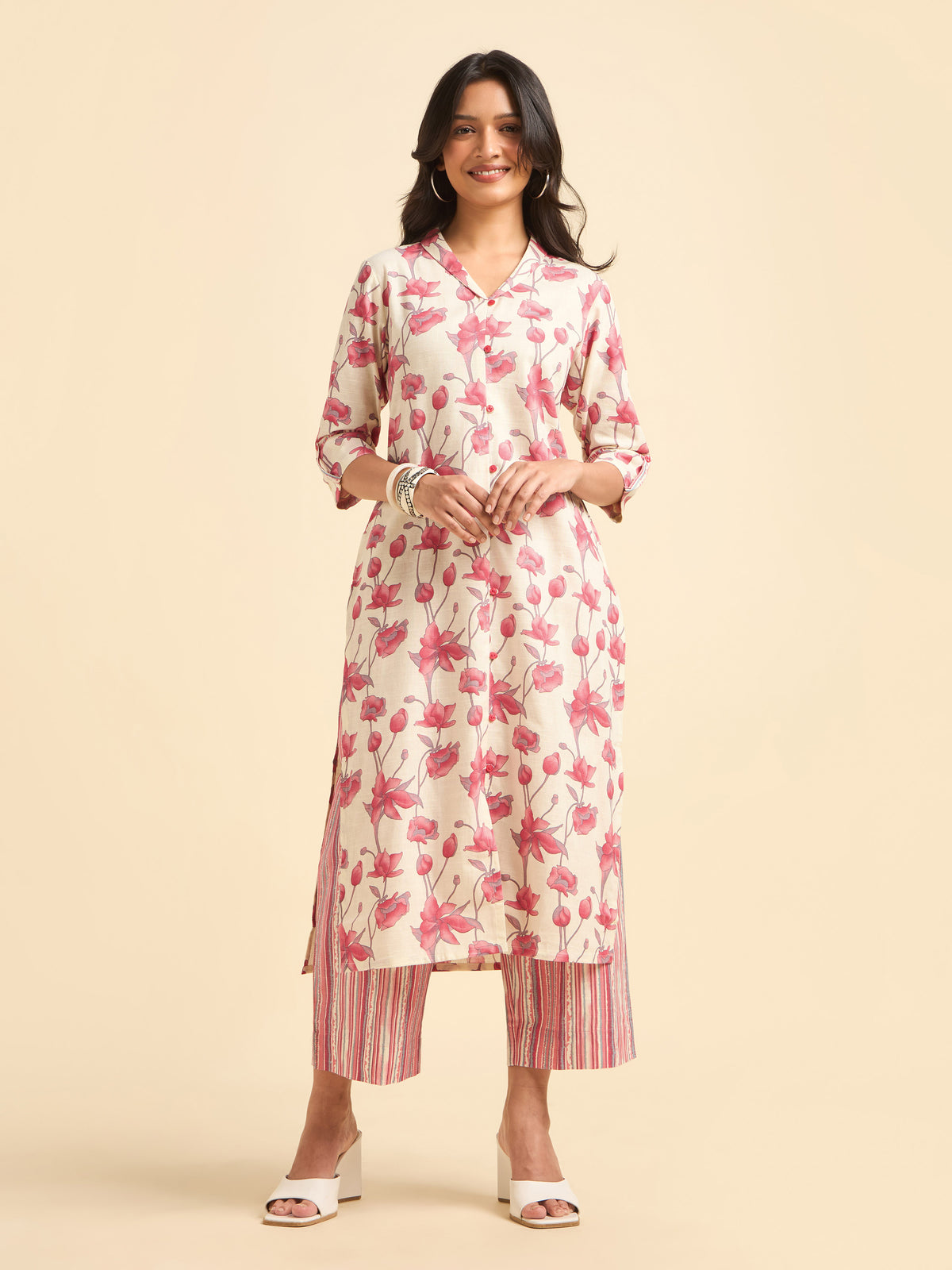Ivory Pink Cotton Linen Printed Slitted Kurti Set