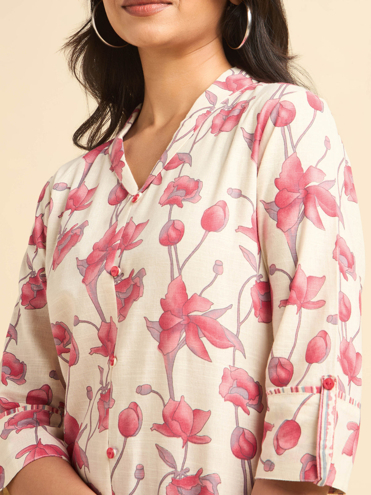 Ivory Pink Cotton Linen Printed Slitted Kurti Set