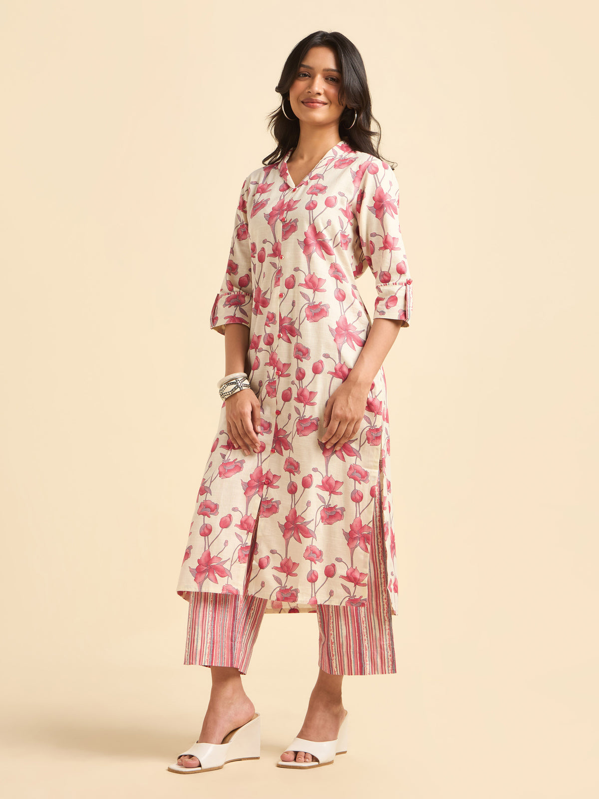 Ivory Pink Cotton Linen Printed Slitted Kurti Set