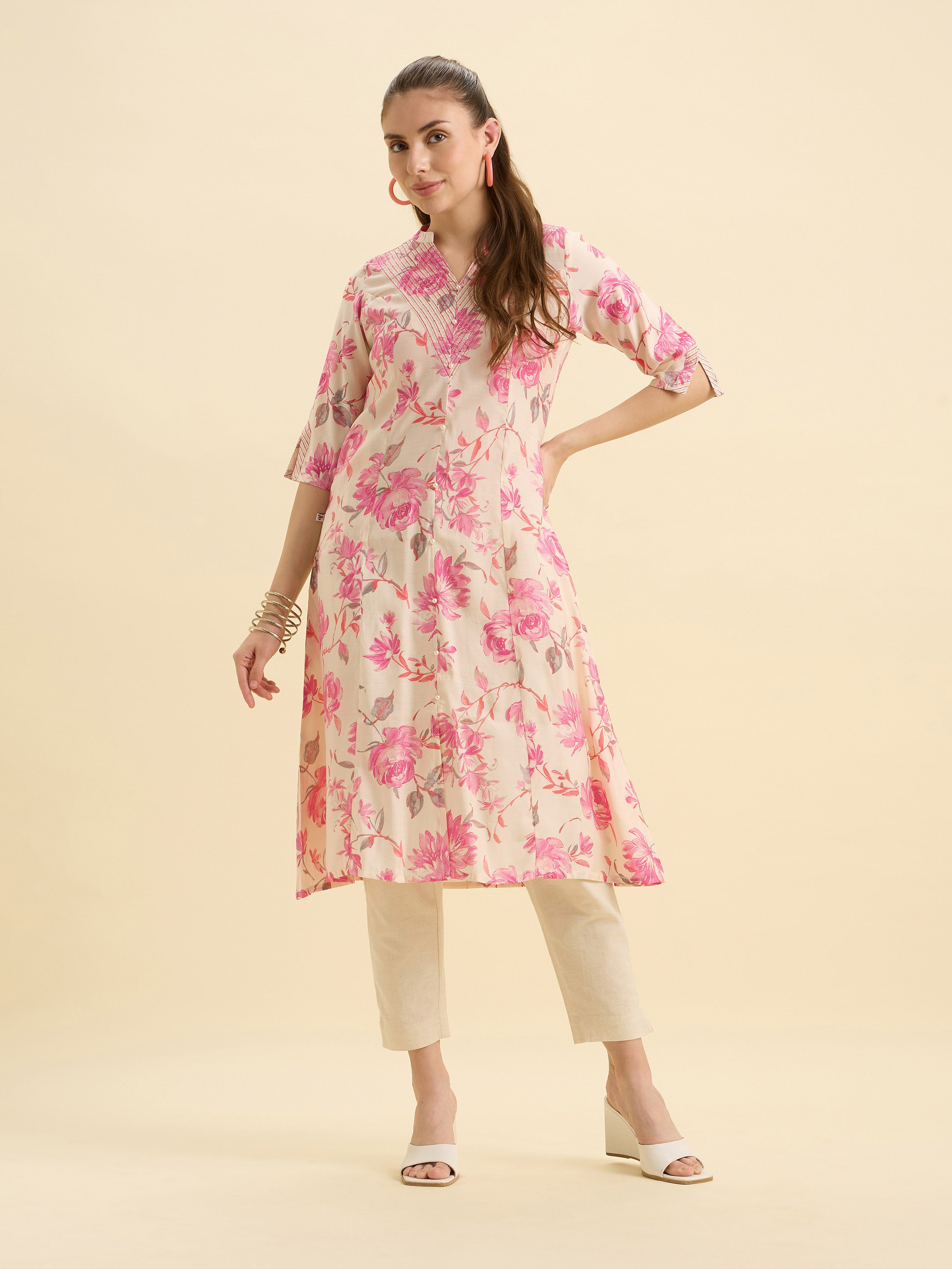 Ivory Pink Modal Chanderi Printed Flared Kurti With Sequence Embroidery