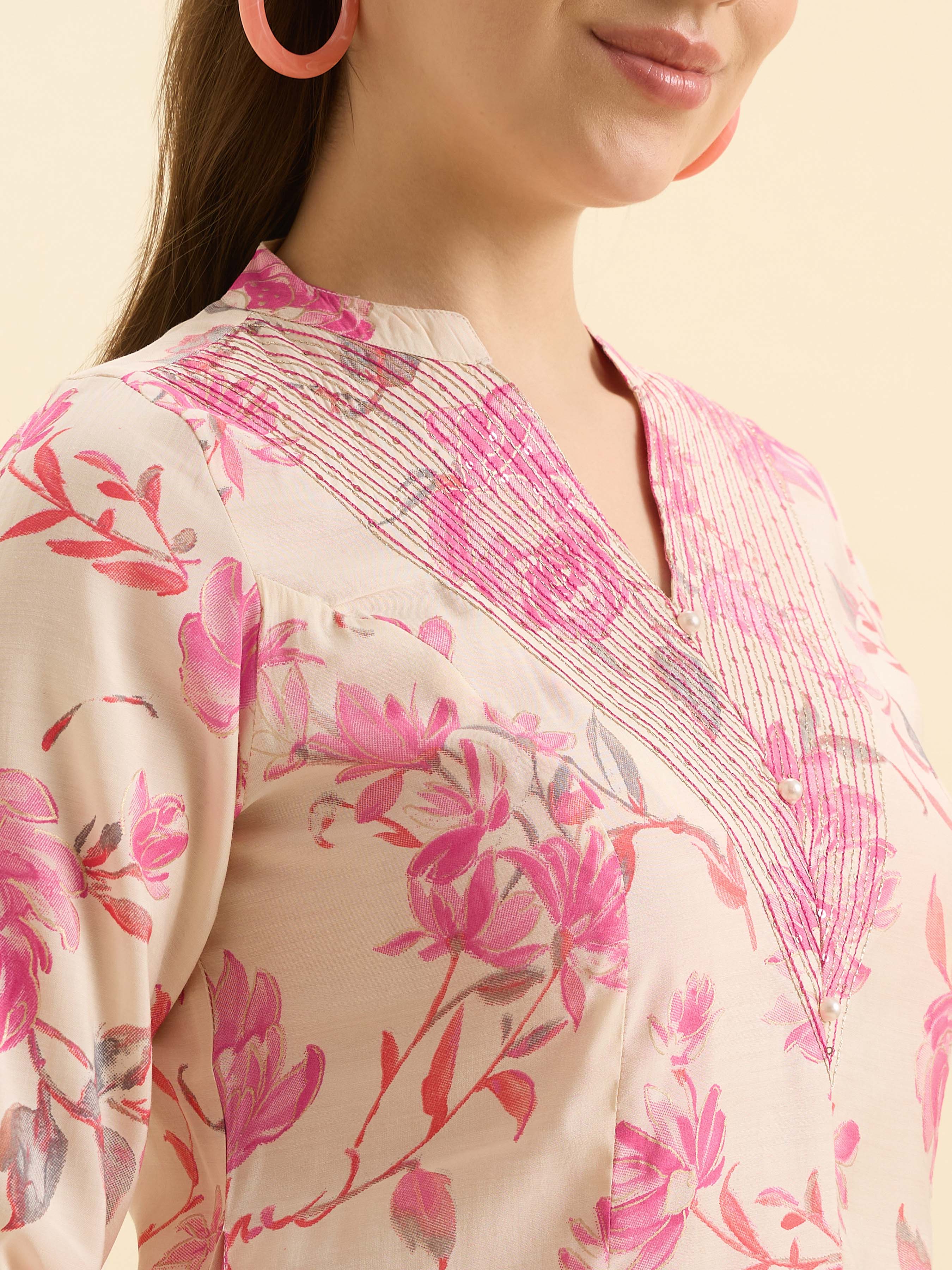 Ivory Pink Modal Chanderi Printed Flared Kurti With Sequence Embroidery