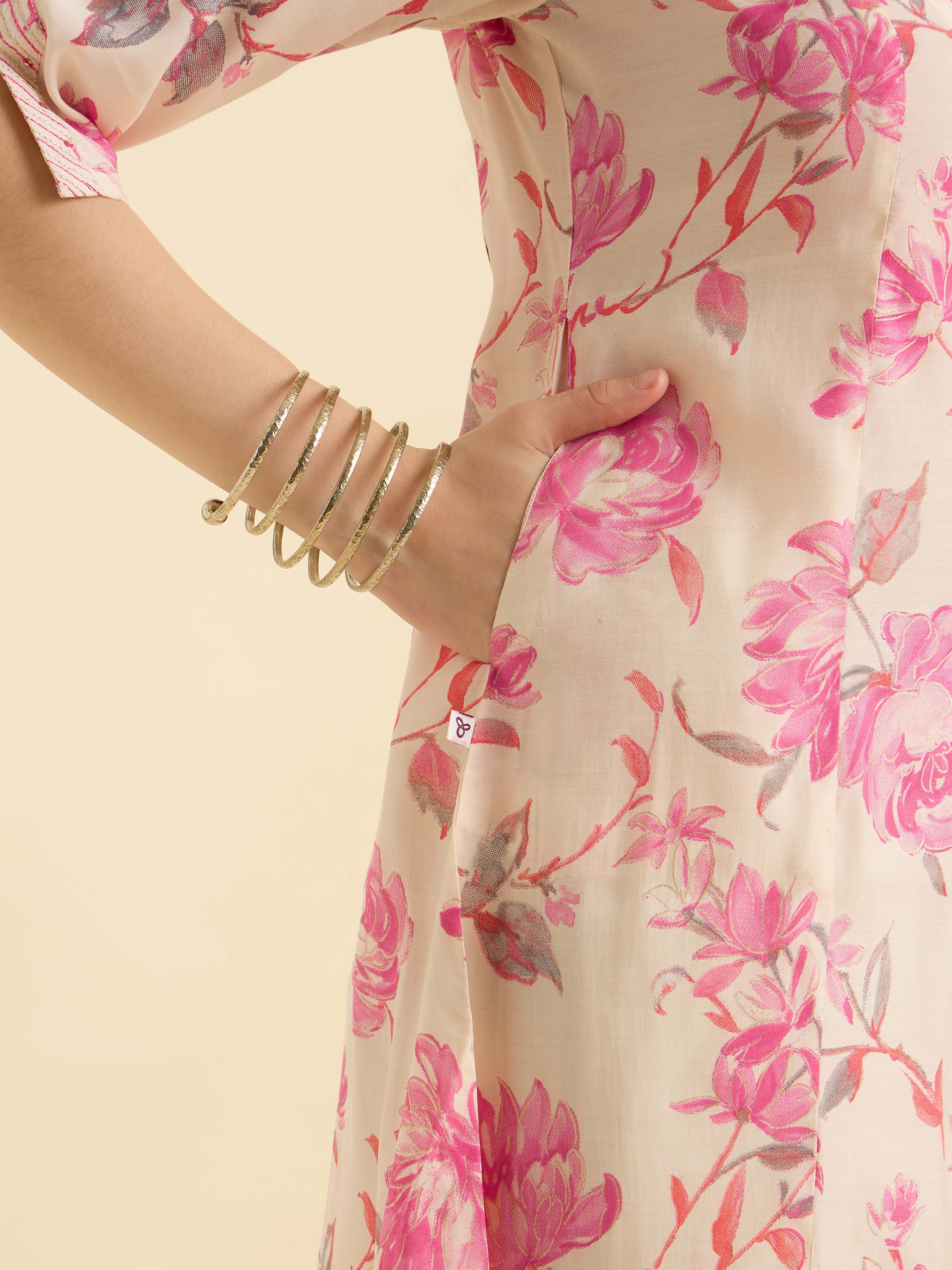 Ivory Pink Modal Chanderi Printed Flared Kurti With Sequence Embroidery