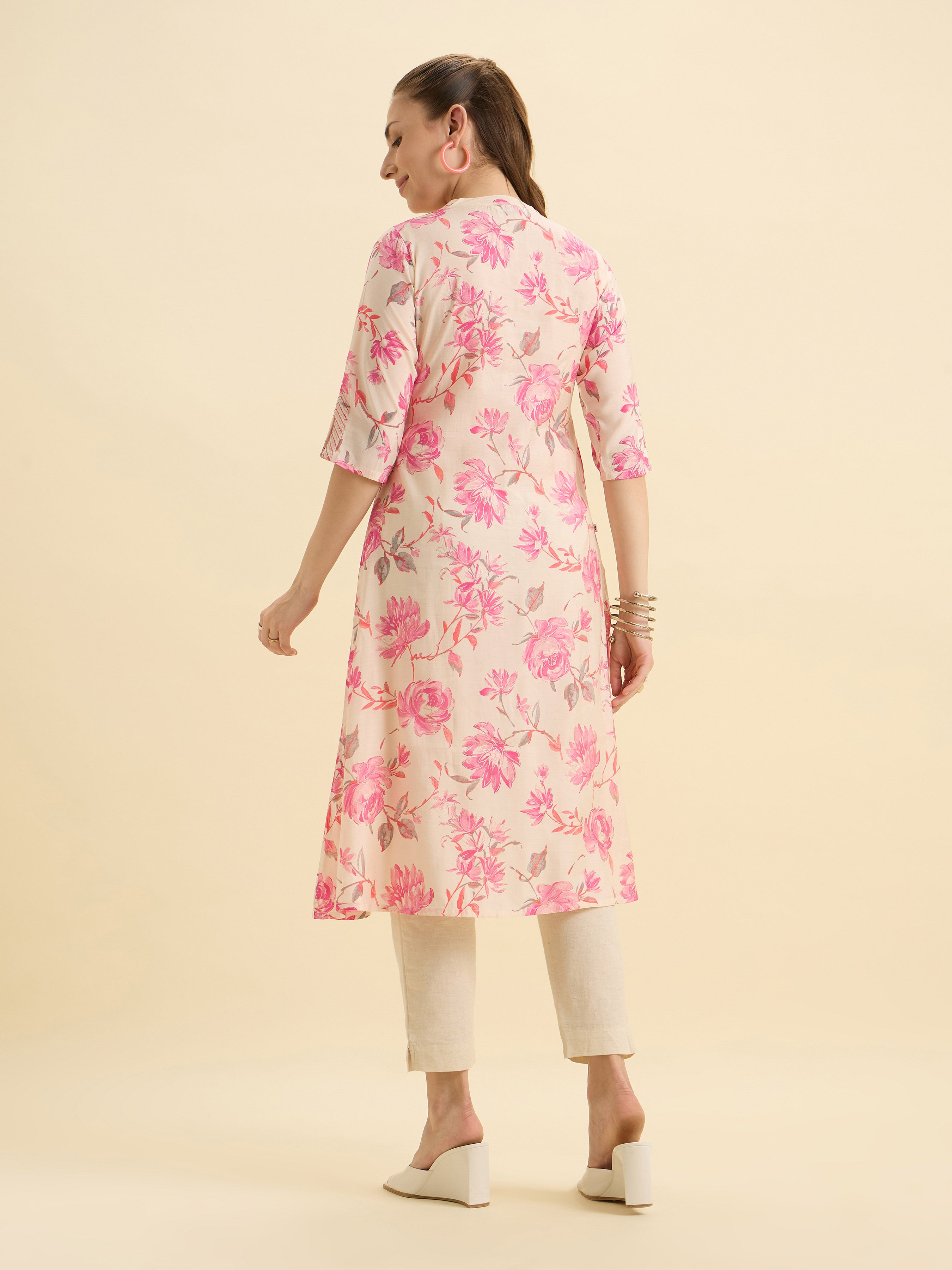 Ivory Pink Modal Chanderi Printed Flared Kurti With Sequence Embroidery