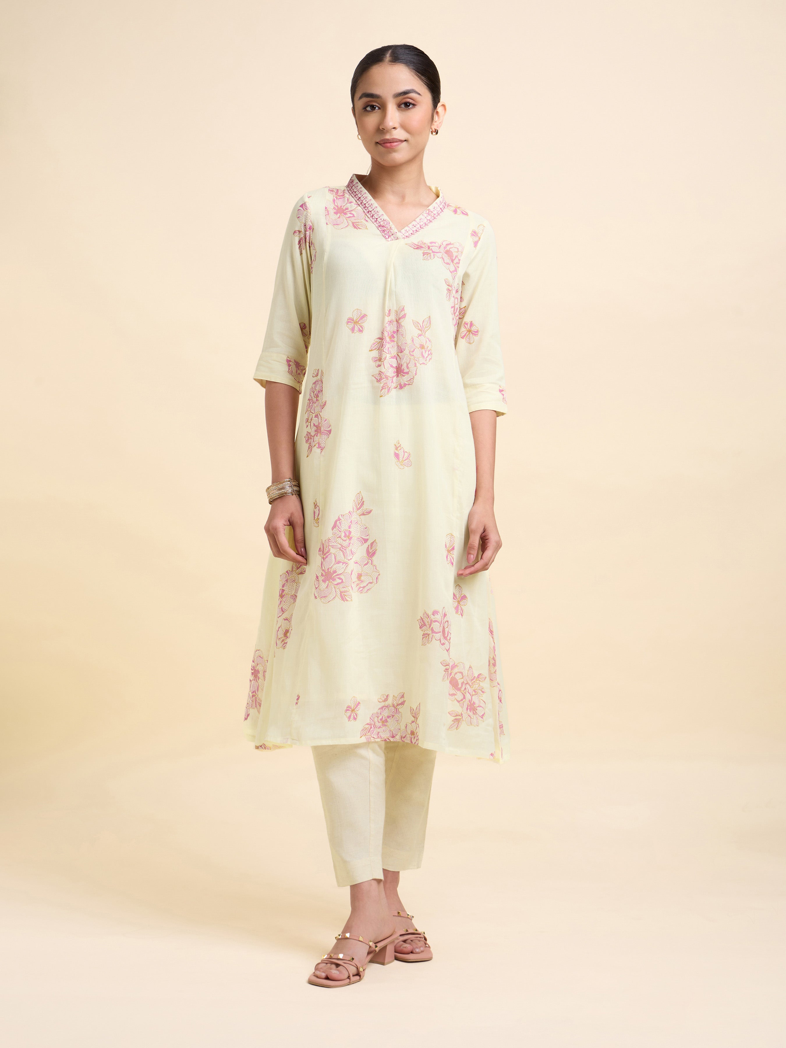 Ivory Pink Pure Cotton Printed Flared Kurti With Embroidery Sequins Work