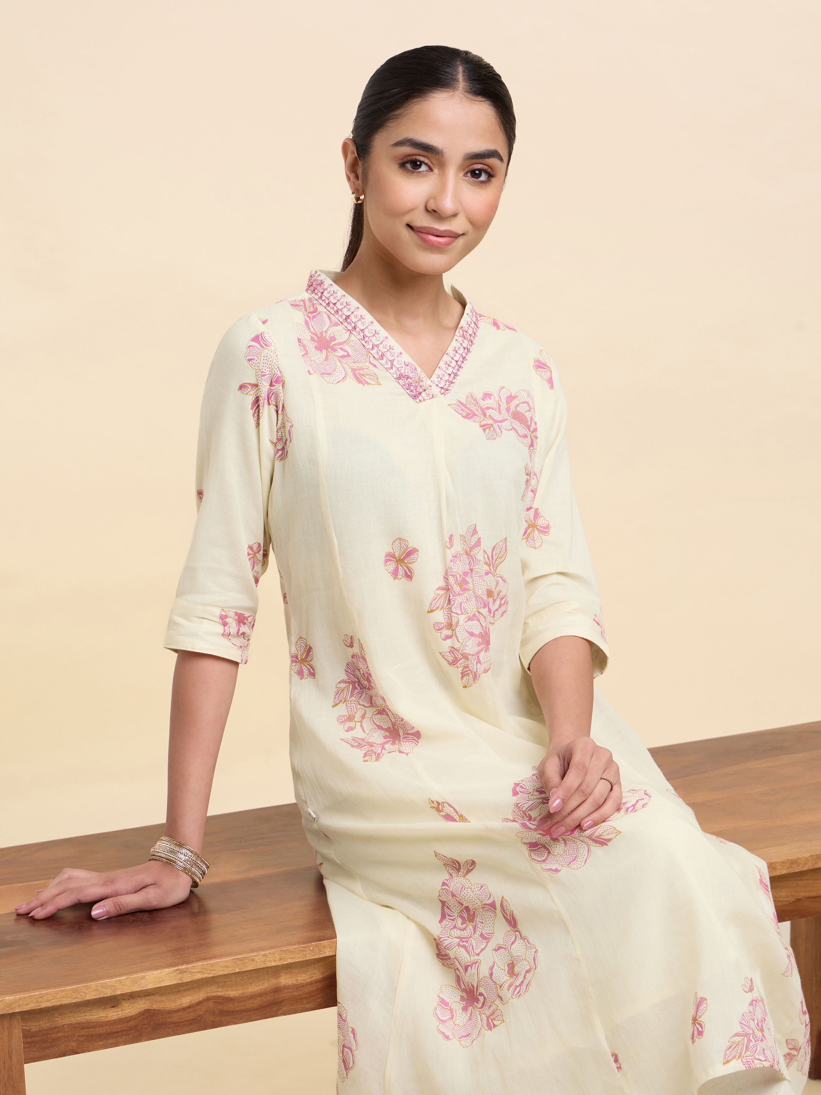 Ivory Pink Pure Cotton Printed Flared Kurti With Embroidery Sequins Work