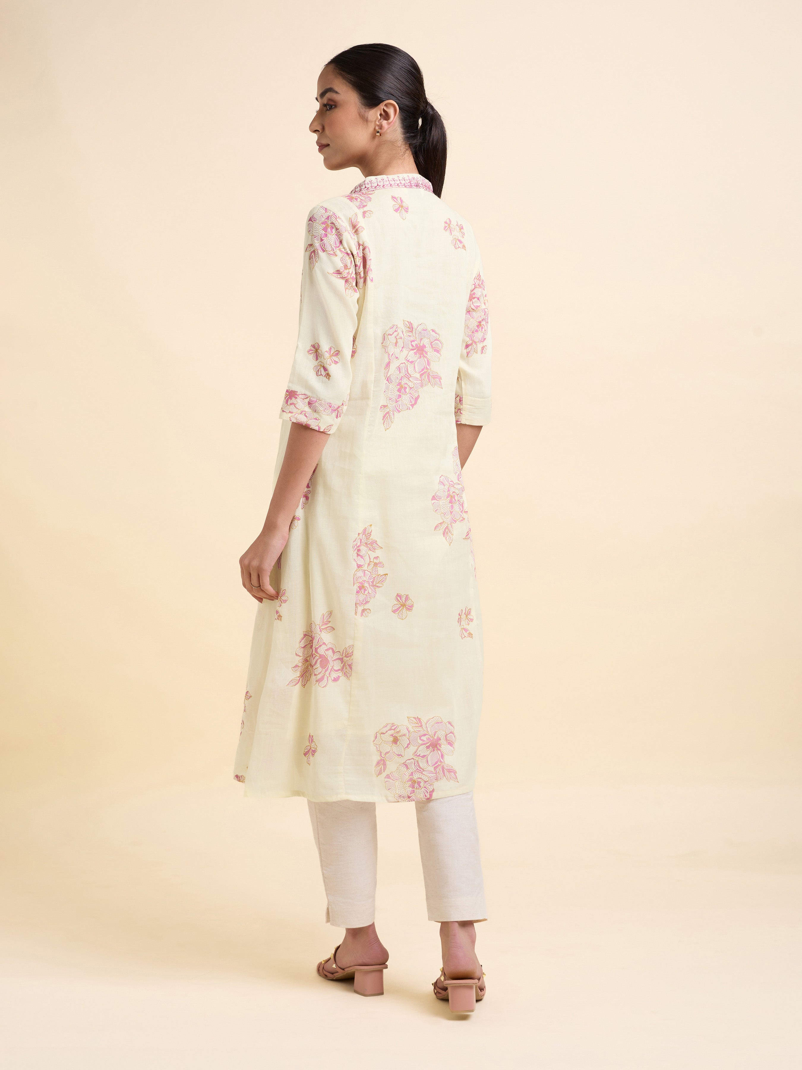 Ivory Pink Pure Cotton Printed Flared Kurti With Embroidery Sequins Work