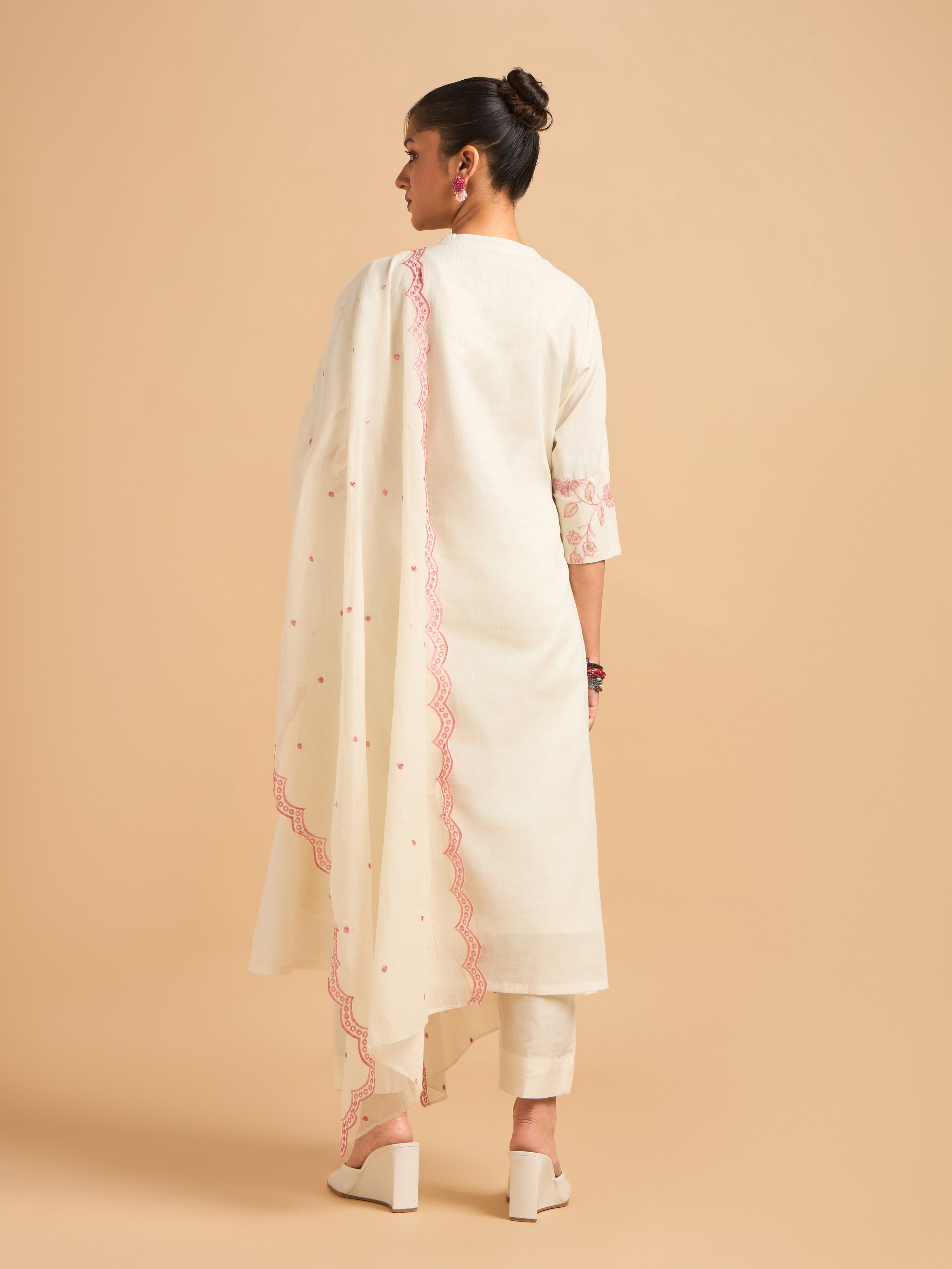 Ivory Pink Pure Cotton Plain Flared Kurti Set With Sequins Embroidery And Dupatta