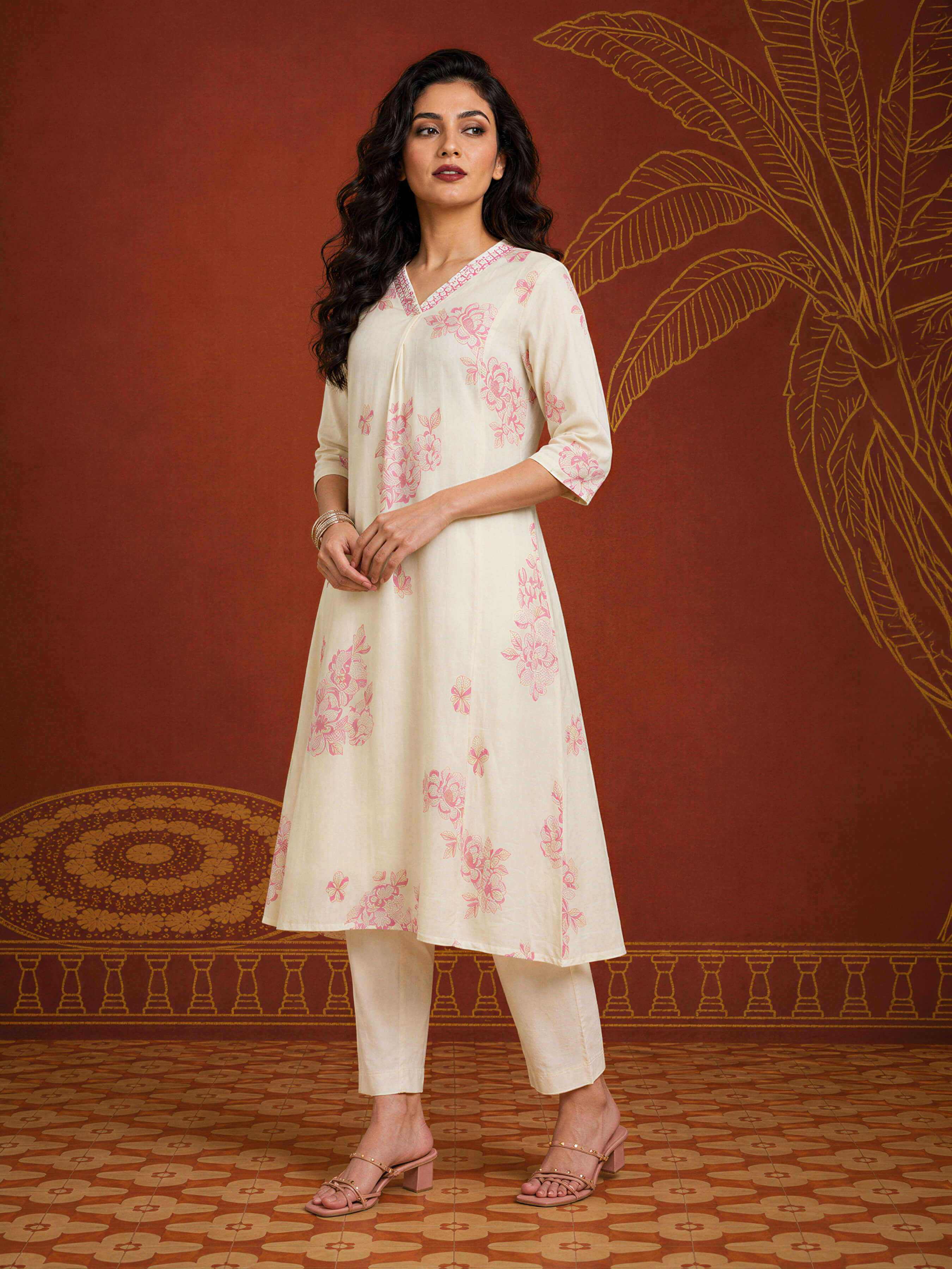 Ivory Pink Pure Cotton Printed Flared Kurti With Embroidery Sequins Work