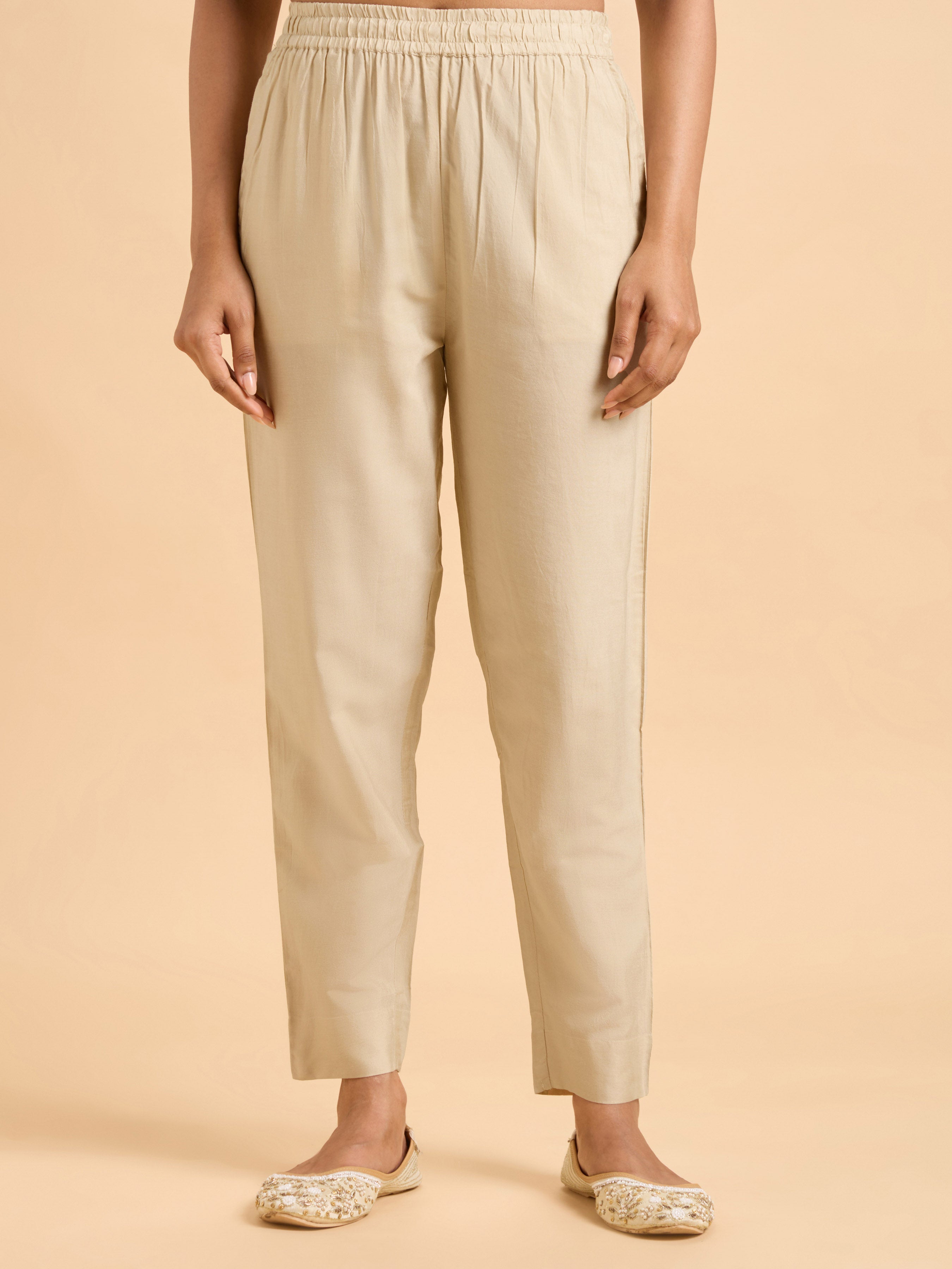 Ivory Viscose Plain Flared Centre Panel Embroideried Kurti Set With Dupatta