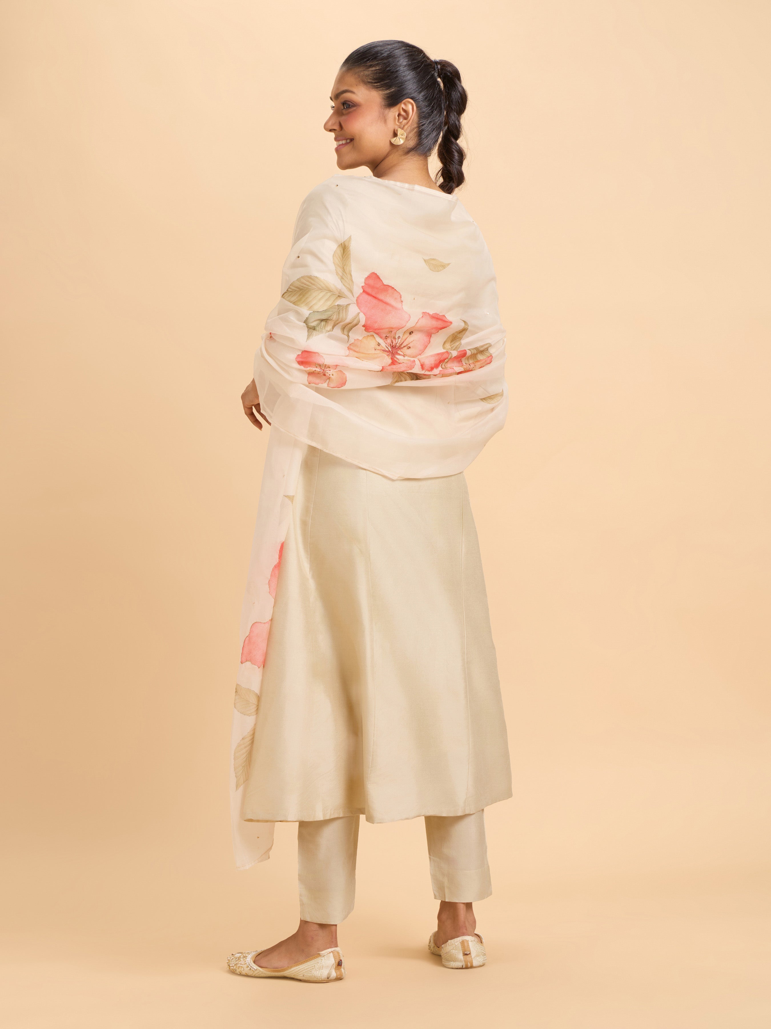 Ivory Viscose Plain Flared Centre Panel Embroideried Kurti Set With Dupatta