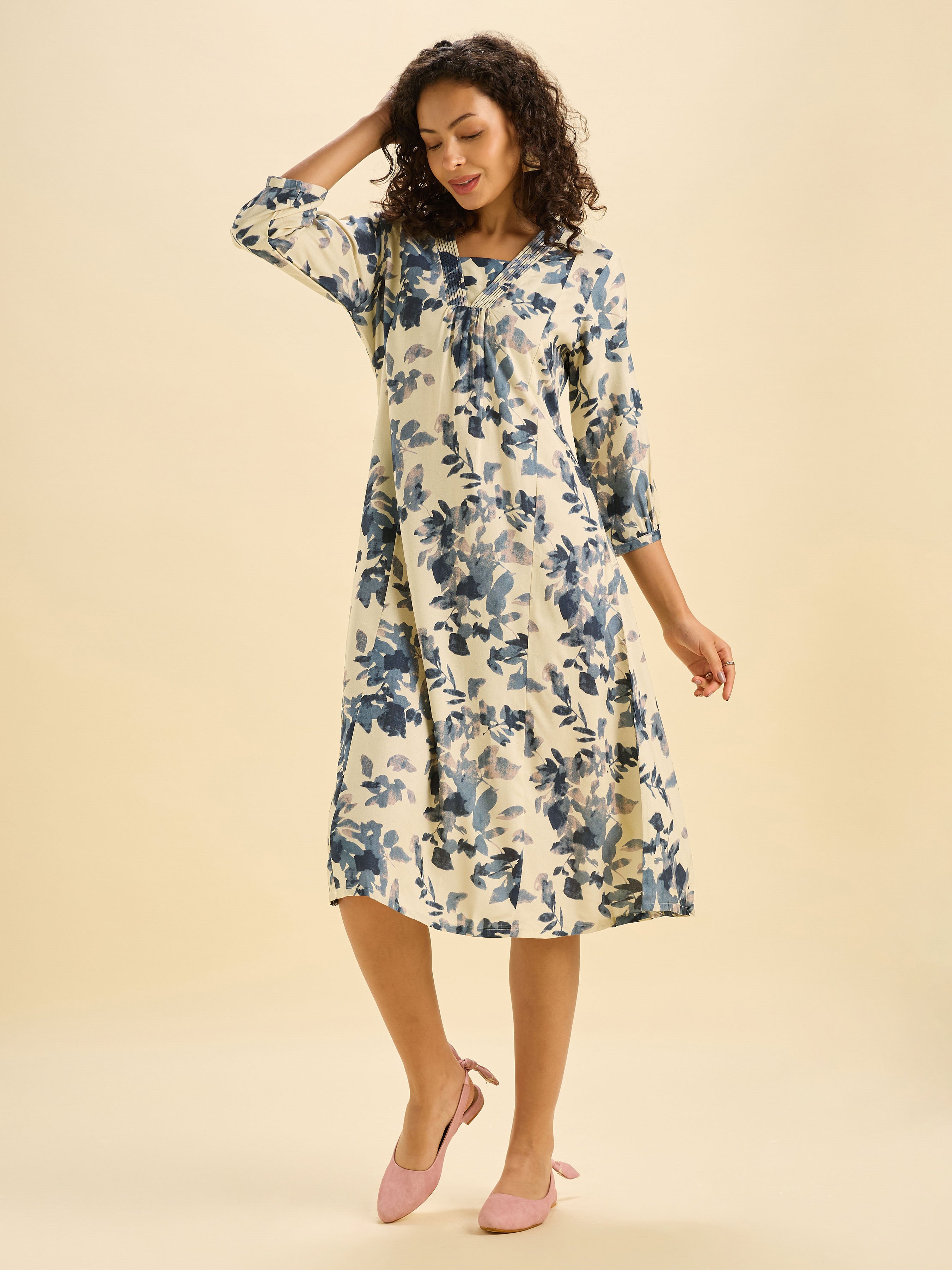 Ivory Viscose Printed Flared Kurti With Box Pleat