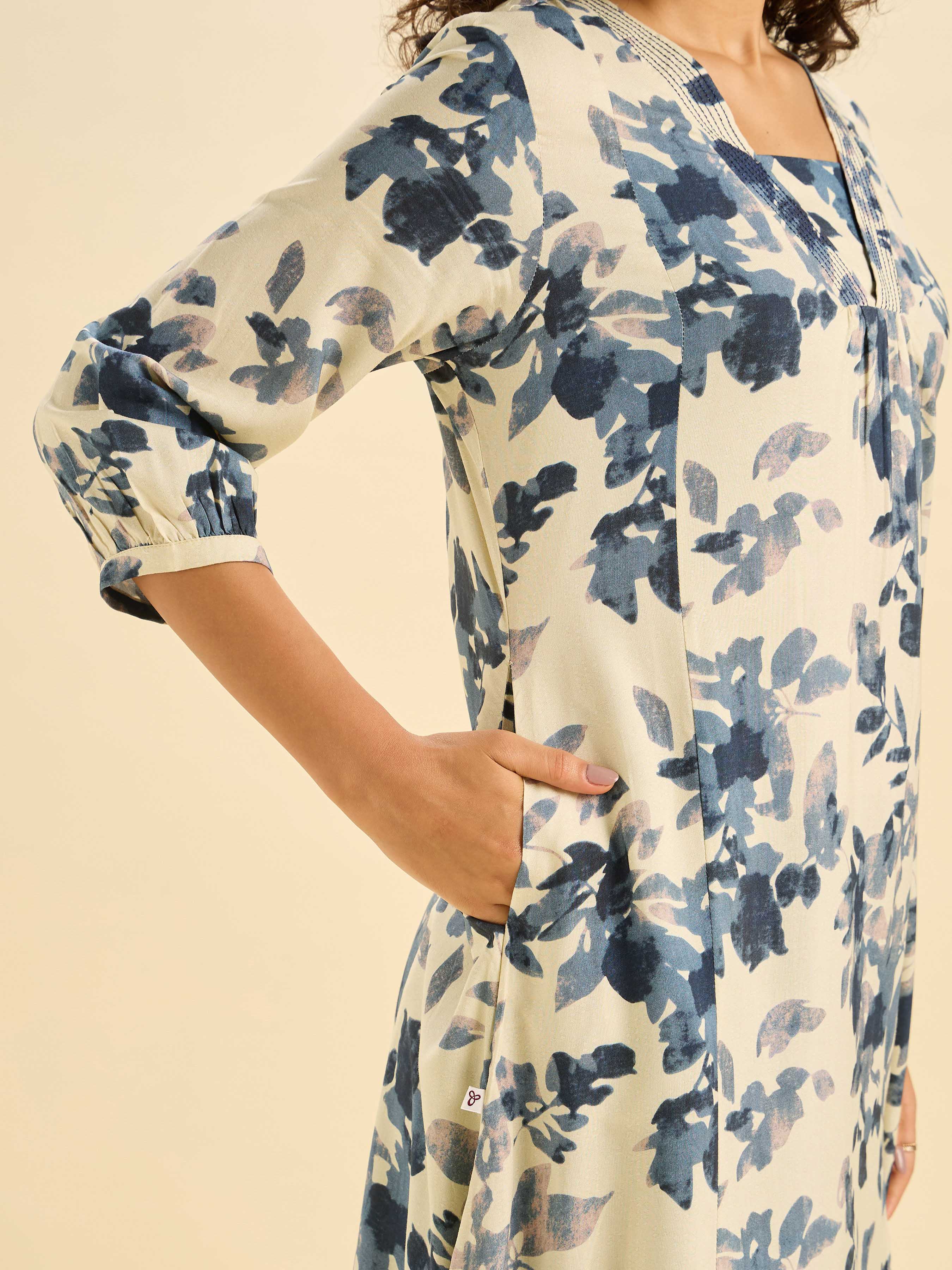 Ivory Viscose Printed Flared Kurti With Box Pleat