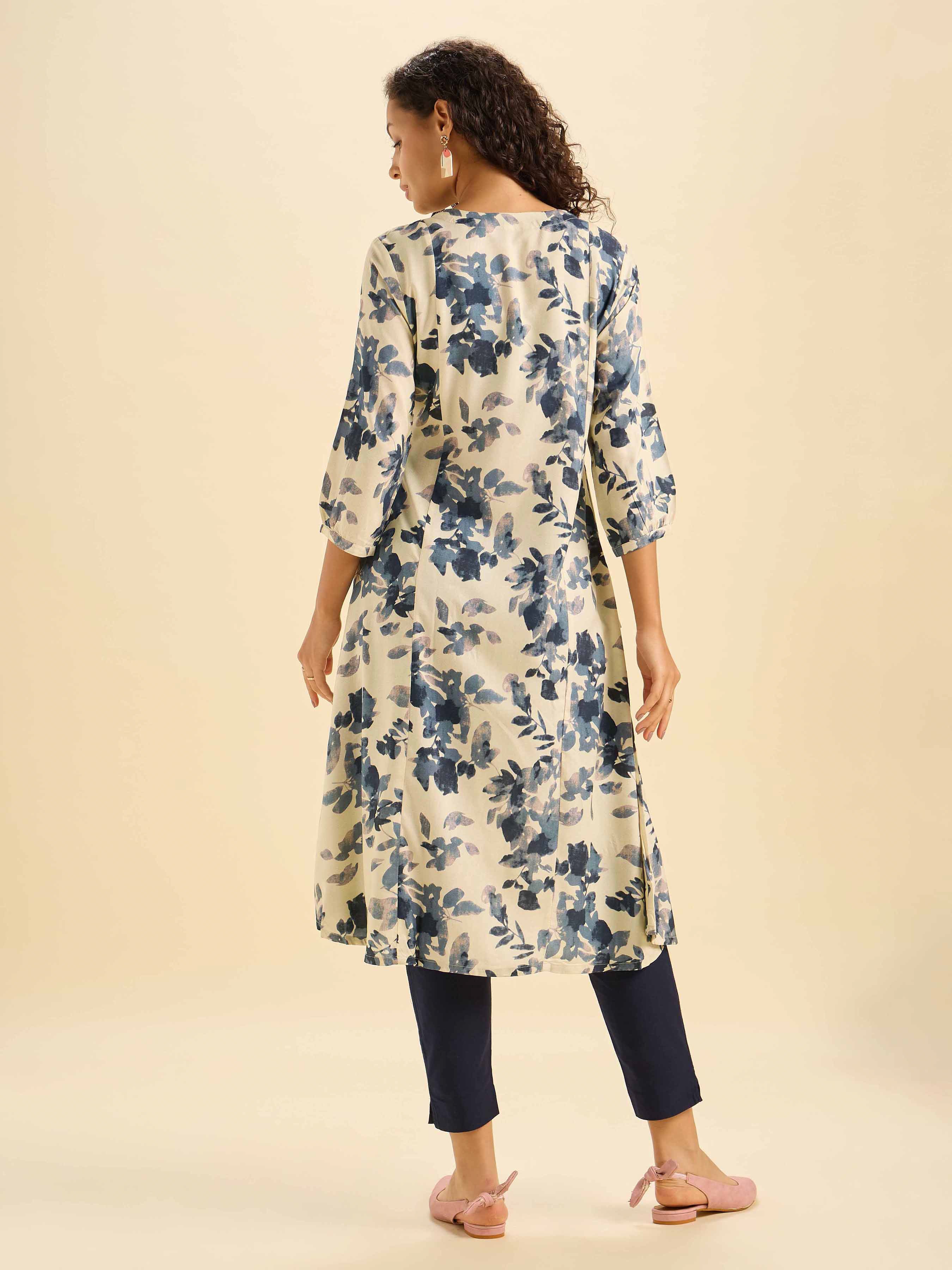 Ivory Viscose Printed Flared Kurti With Box Pleat