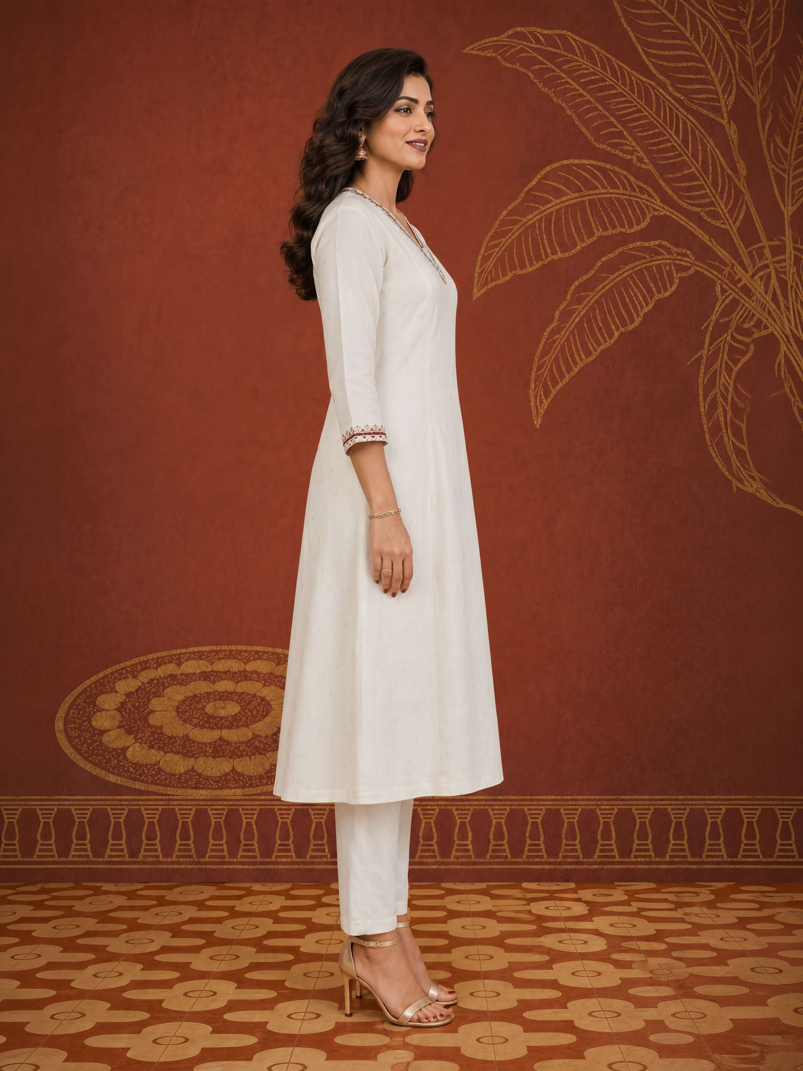Ivory Viscose Shimmer Plain Flared Princess Cut Kurti With Sequence Work Embroidery
