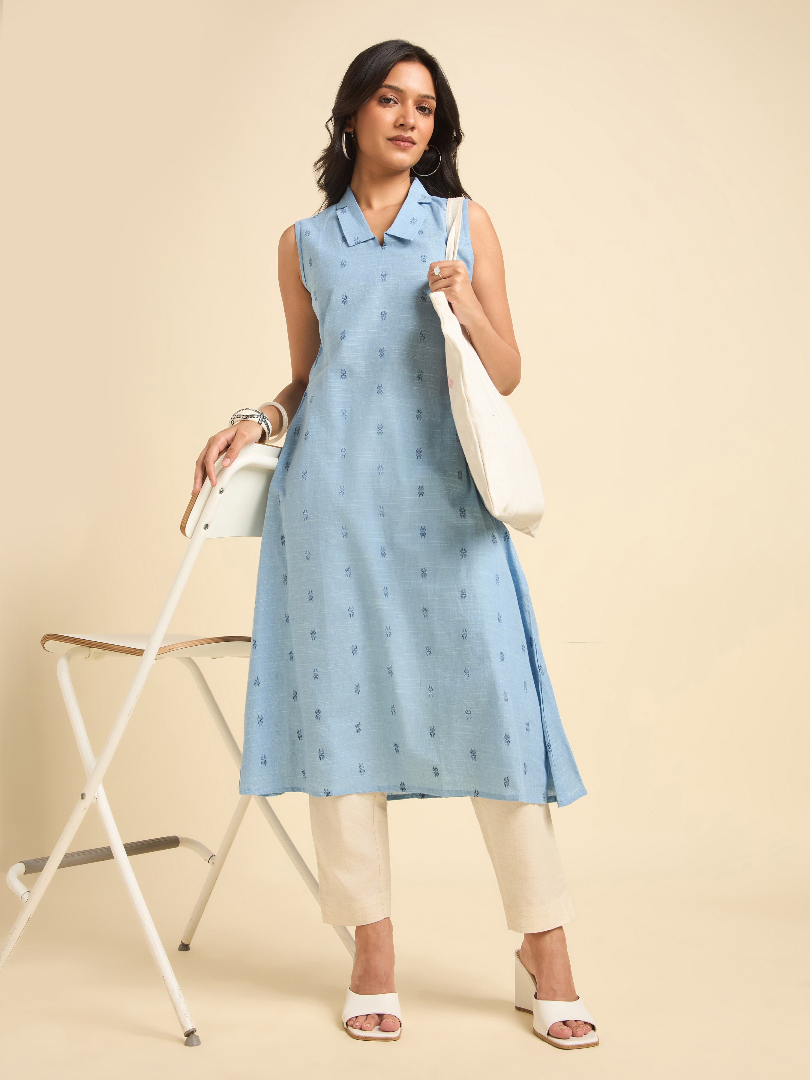 Light Blue Cotton Dobby Plain Flared Kurti