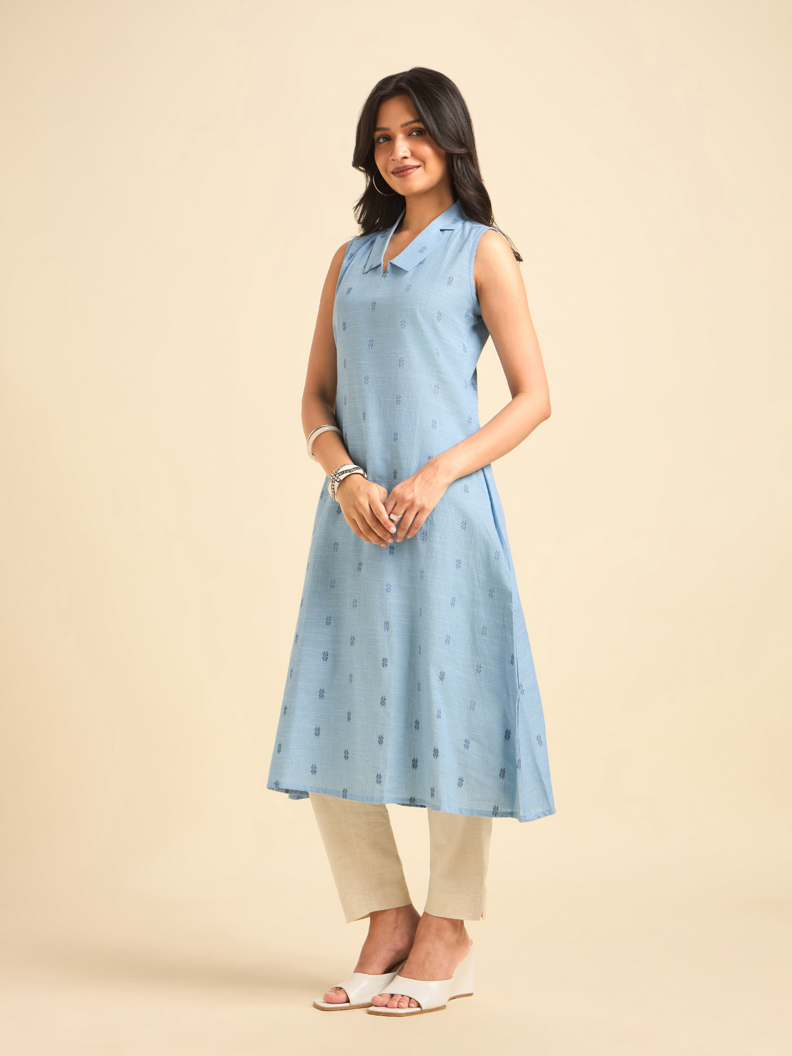 Light Blue Cotton Dobby Plain Flared Kurti