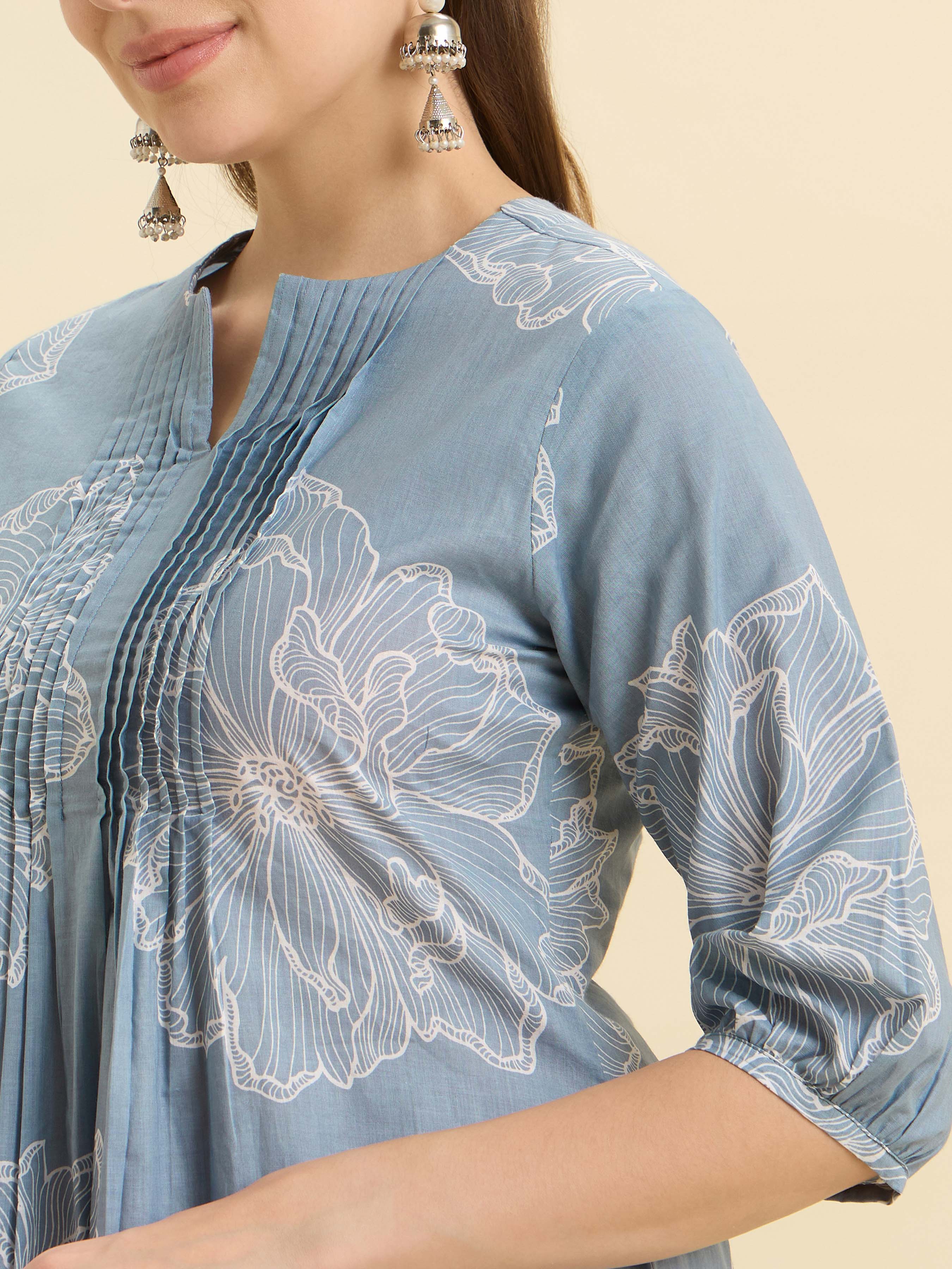 Light Blue White Colour Pure Cotton Flared Printed Kurti With Pleats