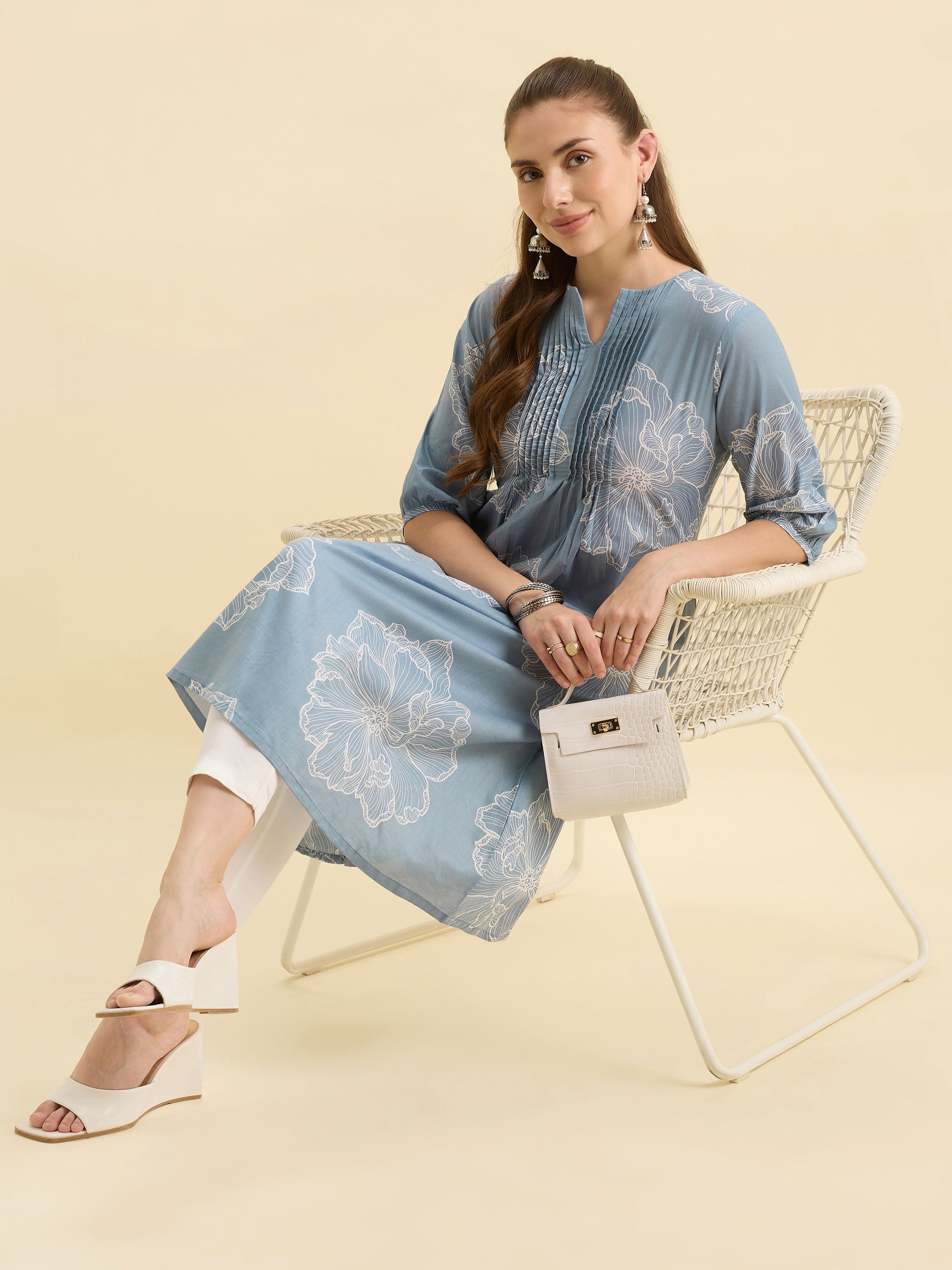 Light Blue White Colour Pure Cotton Flared Printed Kurti With Pleats