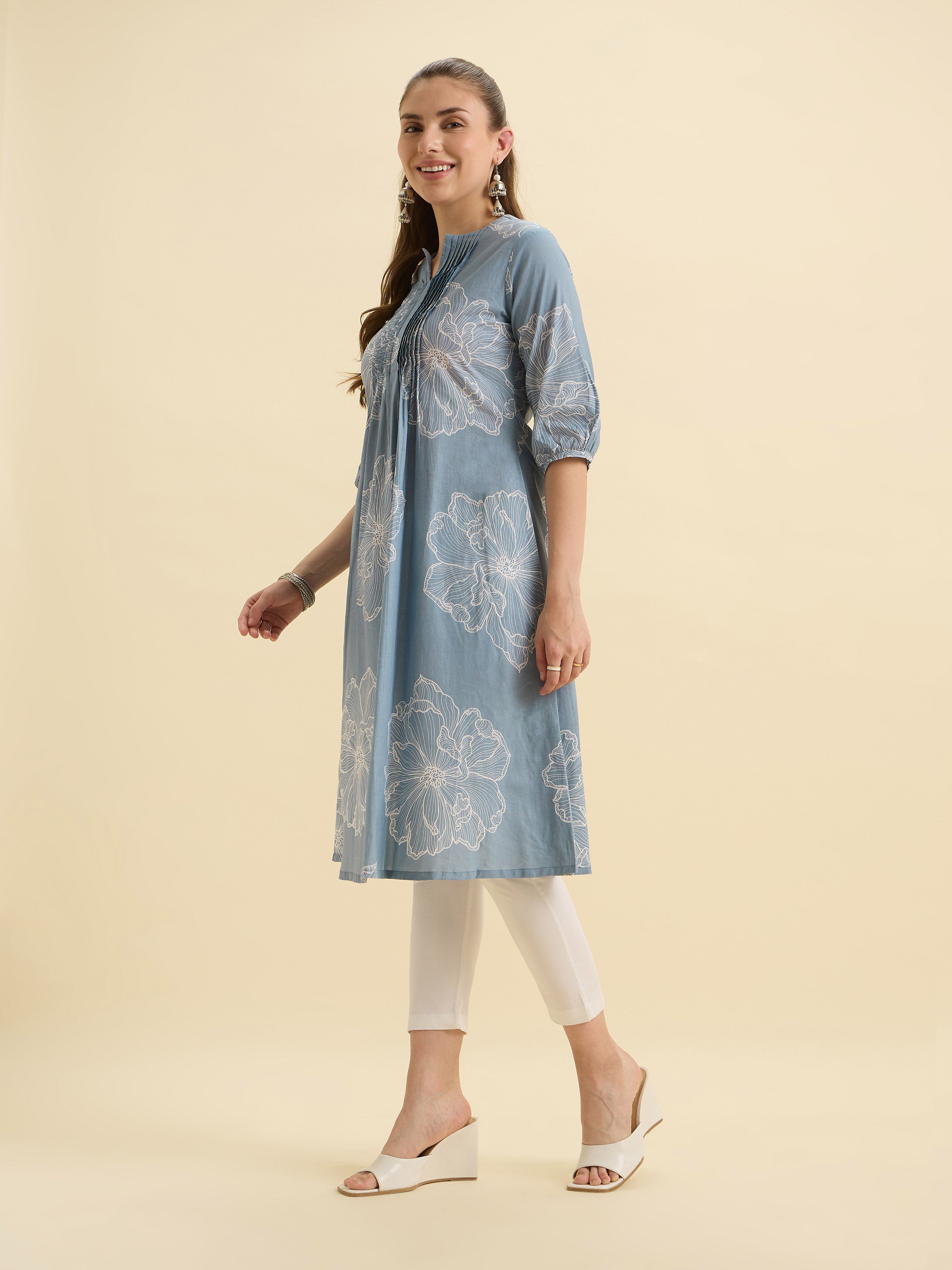 Light Blue White Colour Pure Cotton Flared Printed Kurti With Pleats