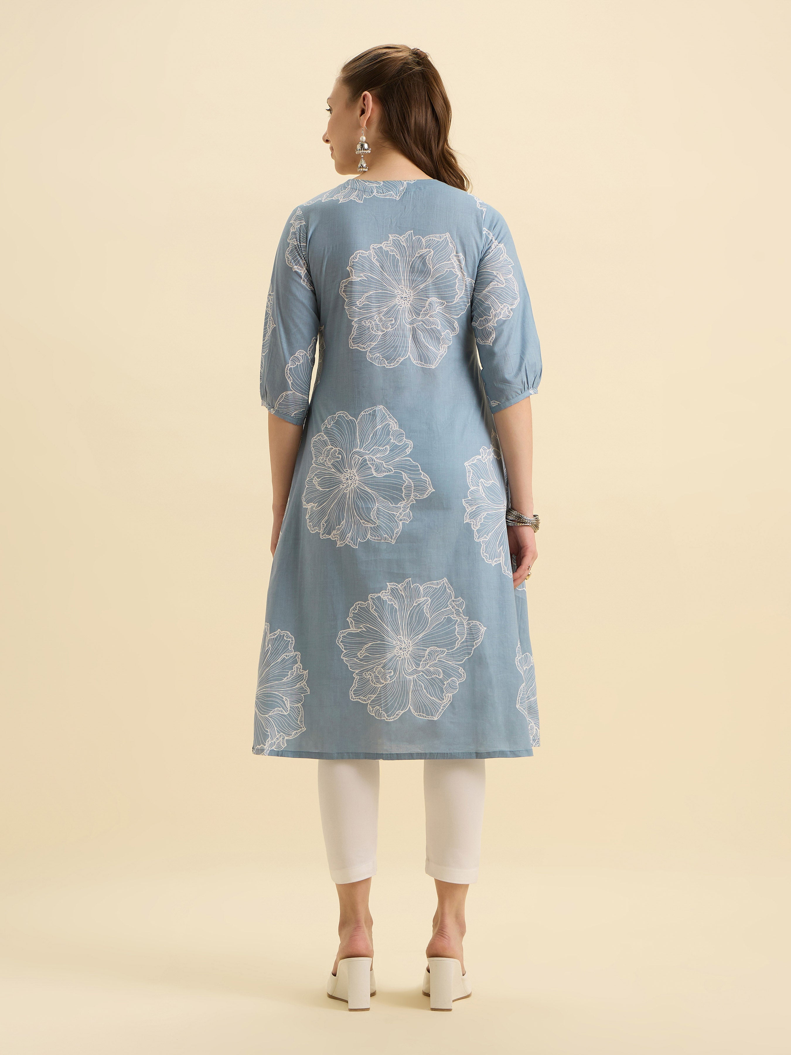 Light Blue White Colour Pure Cotton Flared Printed Kurti With Pleats