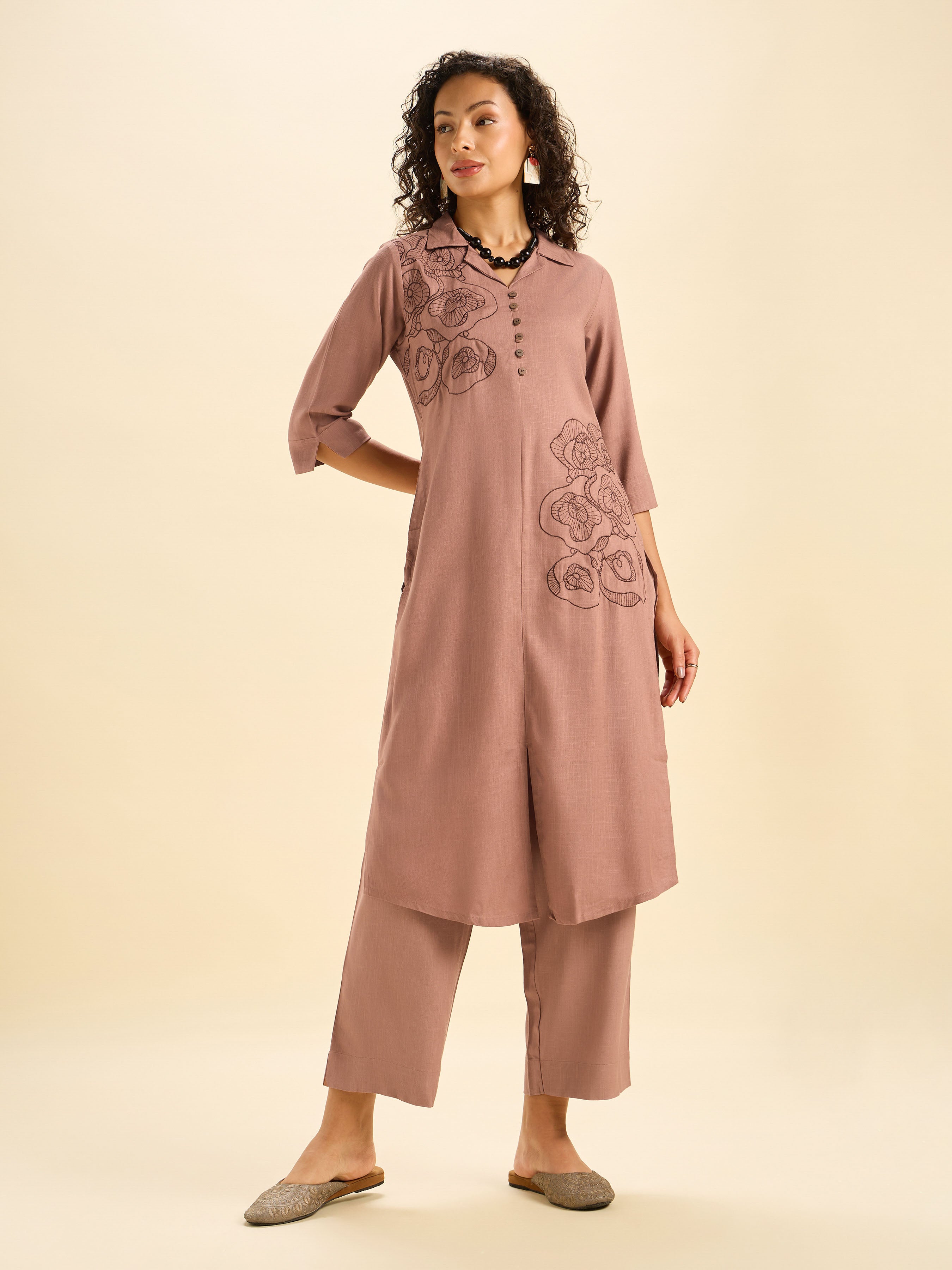 Light Brown Viscose Plain Slited Kurti With Embroidery