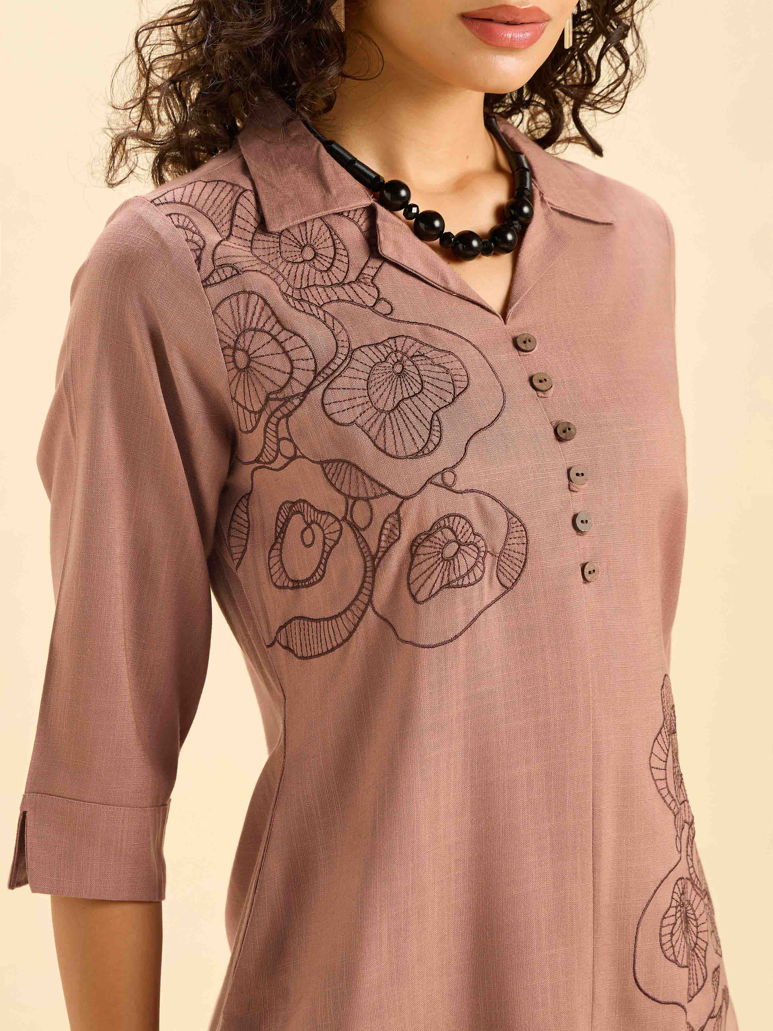 Light Brown Viscose Plain Slited Kurti With Embroidery