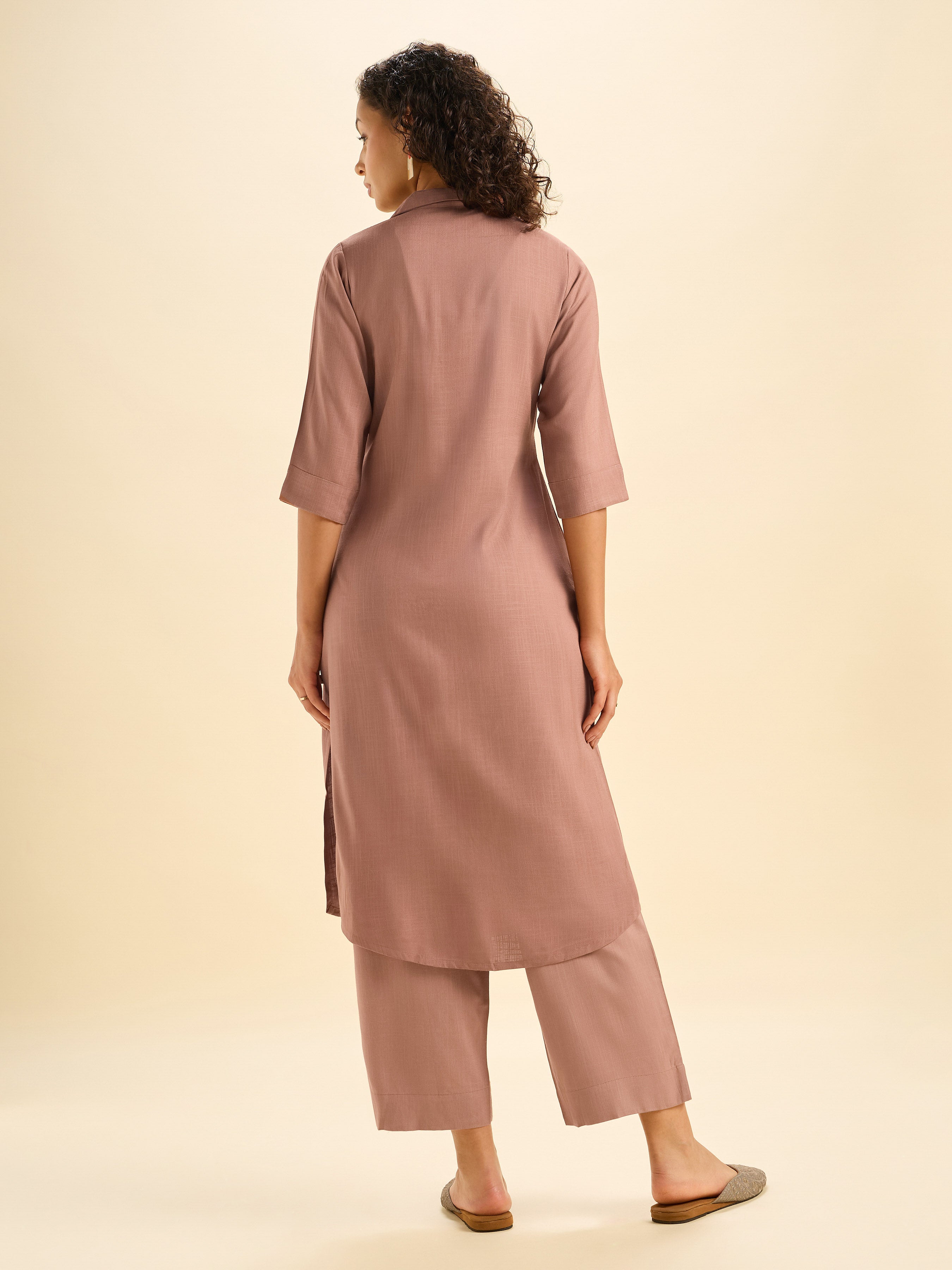 Light Brown Viscose Plain Slited Kurti With Embroidery